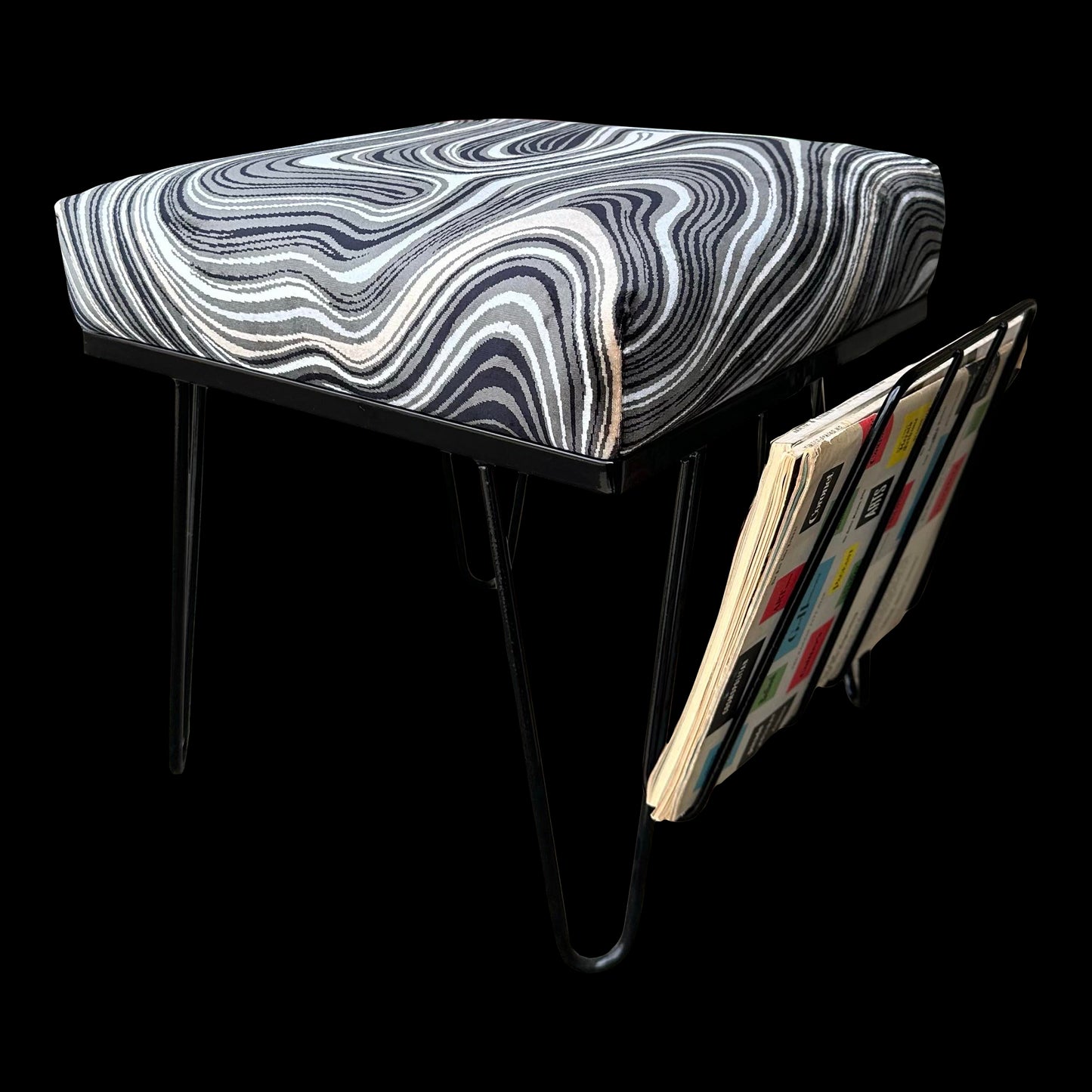 Reupholstered and Powder Coated Hairpin Leg Magazine Rack Ottoman