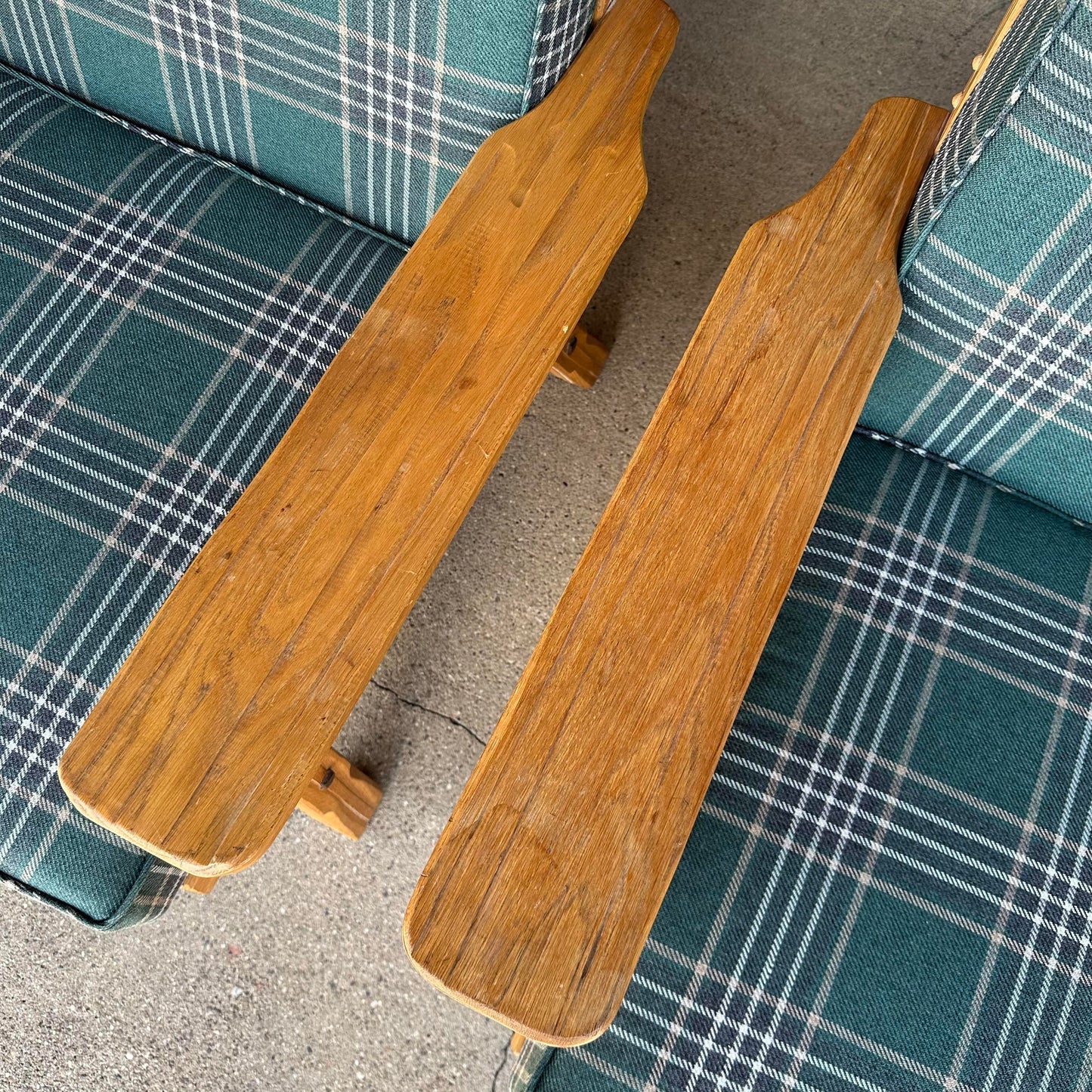Pair of Ranch Oak Lounge Chairs Reupholstered in Plaid From Pindler