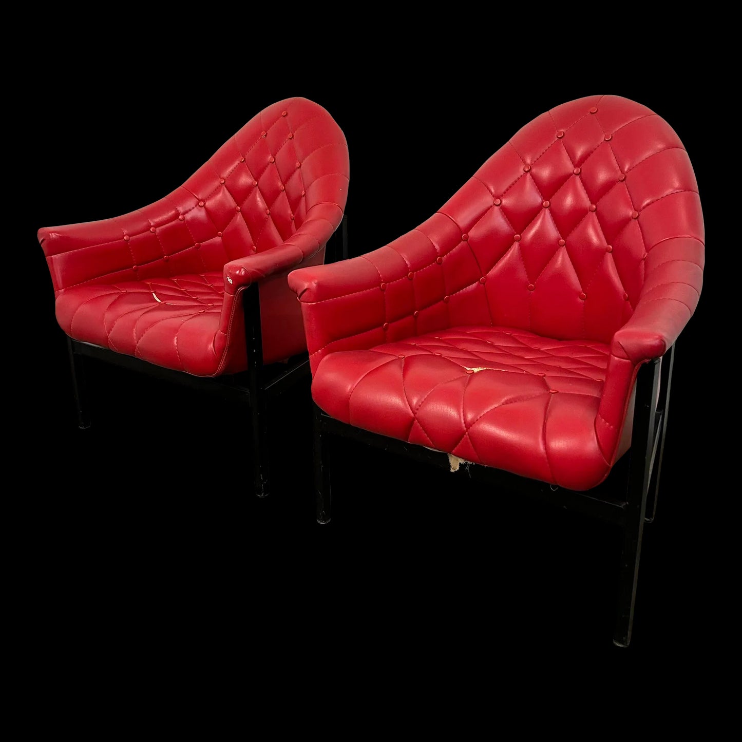 Red Vinyl Tufted Lounge Chairs Styled After Milo Baughman by Frank and Son