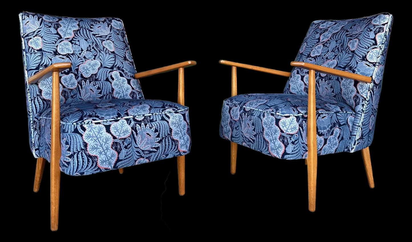 Pair of Mid Century Modern Klaus Haapaniemi & Co. Iceflower Blue Fabric Chairs