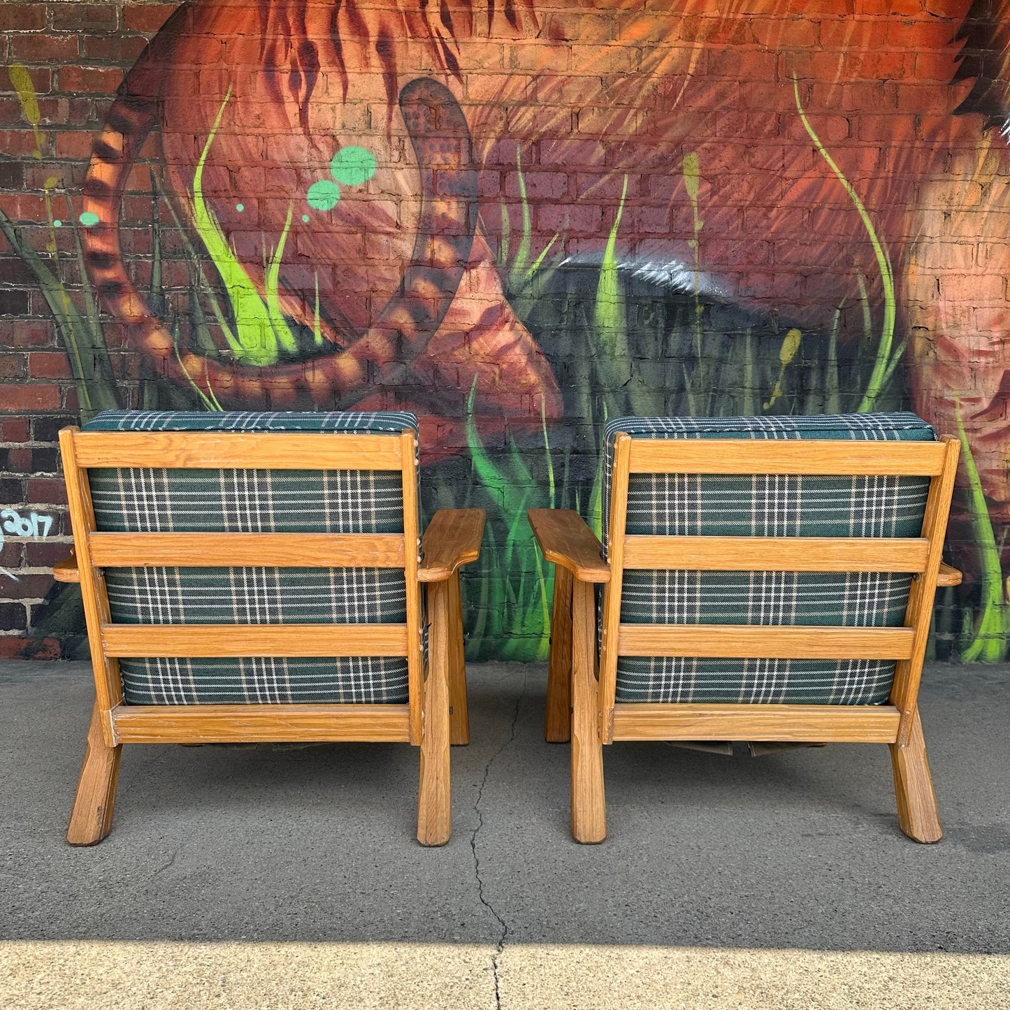 Pair of Ranch Oak Lounge Chairs Reupholstered in Plaid From Pindler