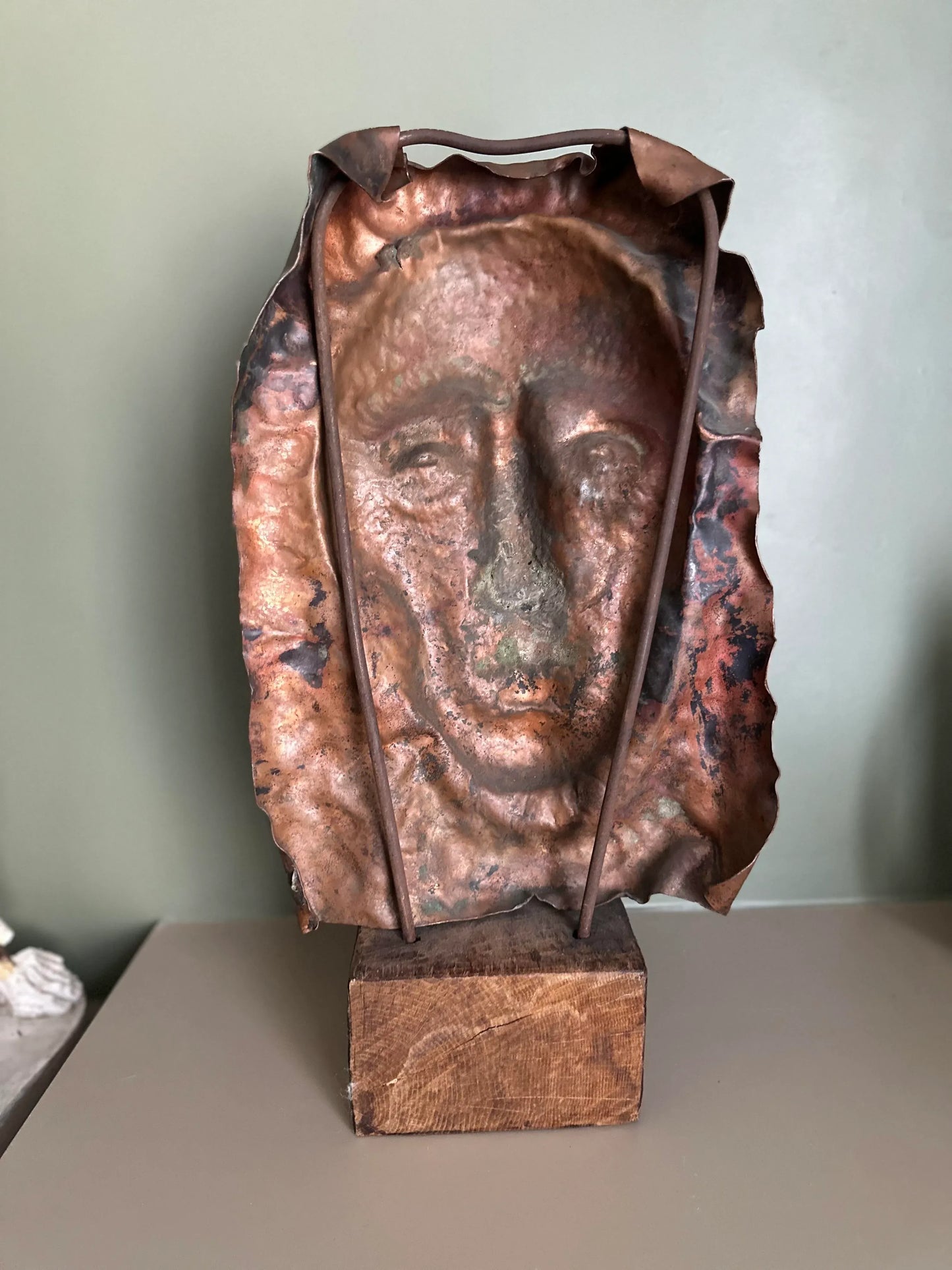 Waylande Gregory Large Hammered Copper Face Sculpture Bust on Wood Block.