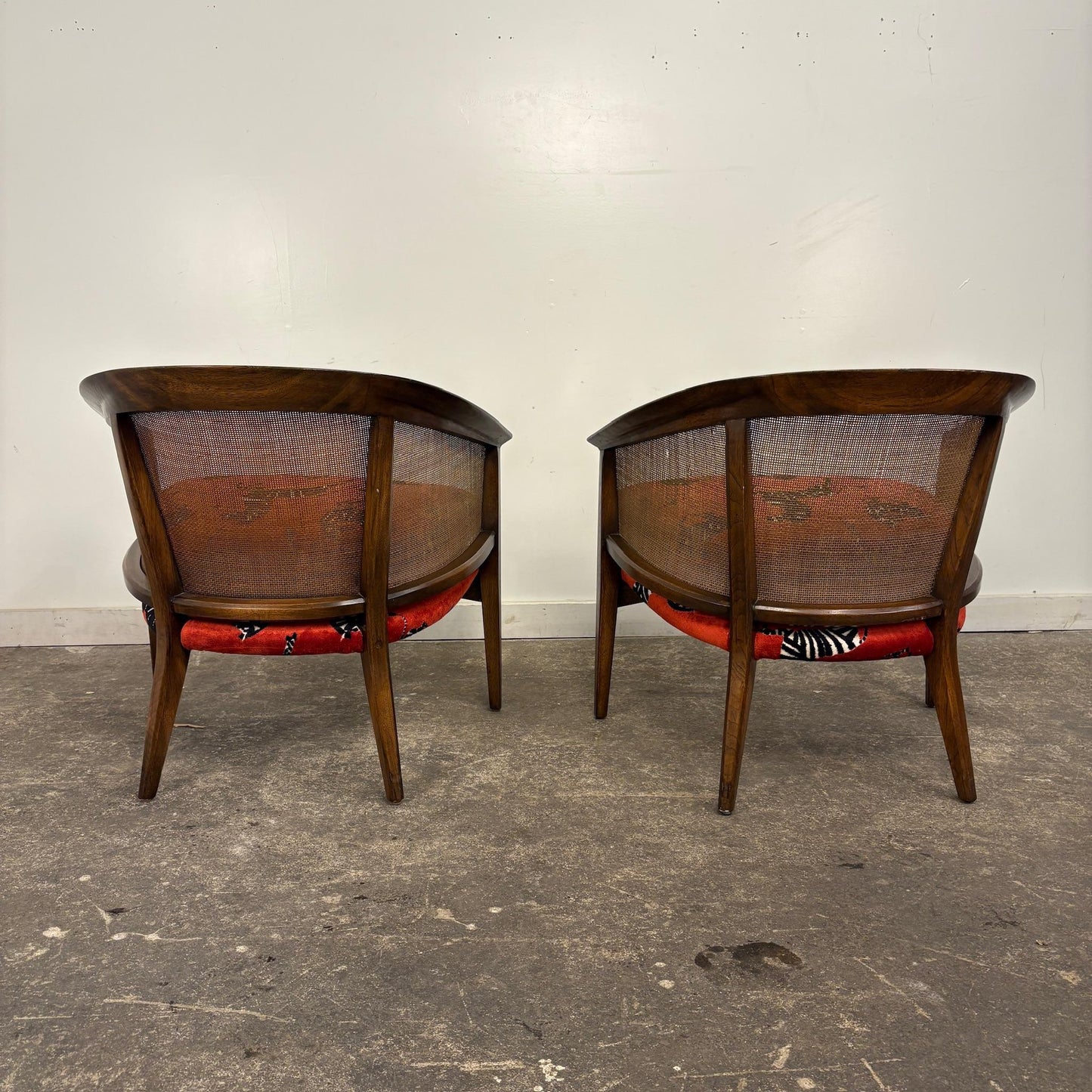 Pair of Mid-Century Caned Back Barrel Club Chairs Attributed to Directional Zebra