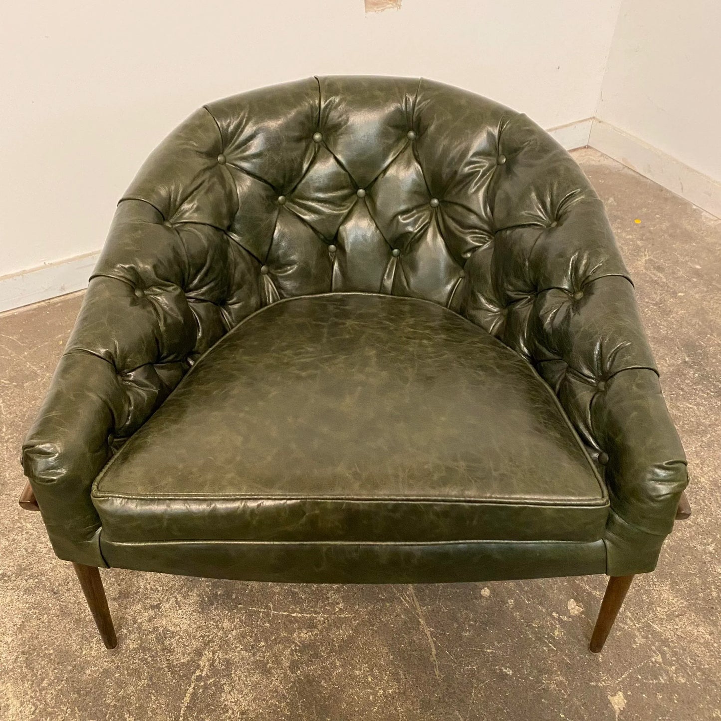 Mid Century Modern Milo Baughman Style Reupholstered Leather Barrel Back Chair. Green