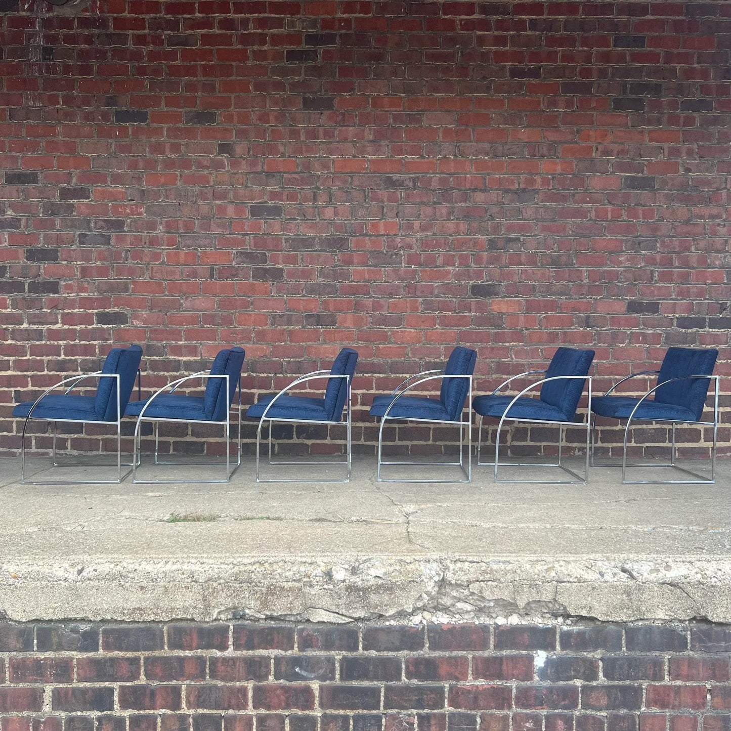 Milo Baughman Thayer Coggin Chrome Dining Chairs Recovered in a Blue Sparkly Fabric.
