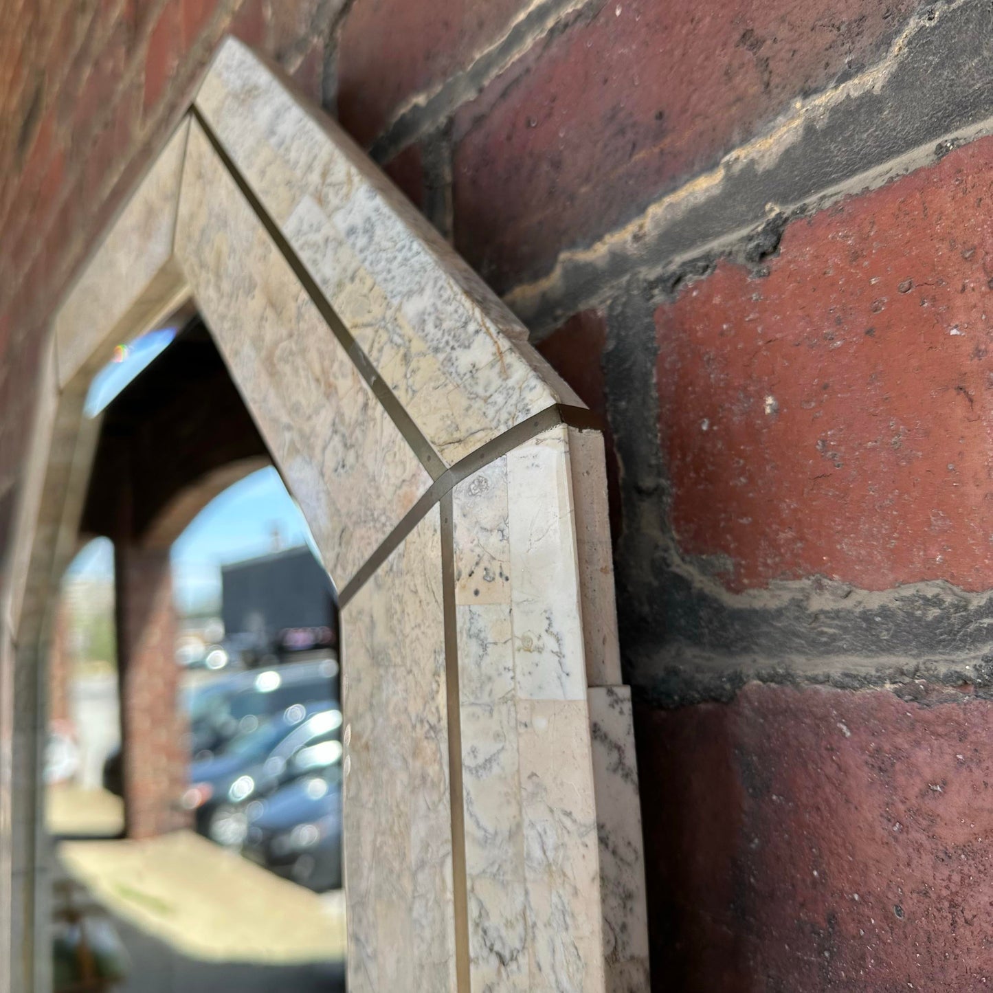 Post-Modern Travertine Vanity and Mirror Set Console Table Maitland Smith