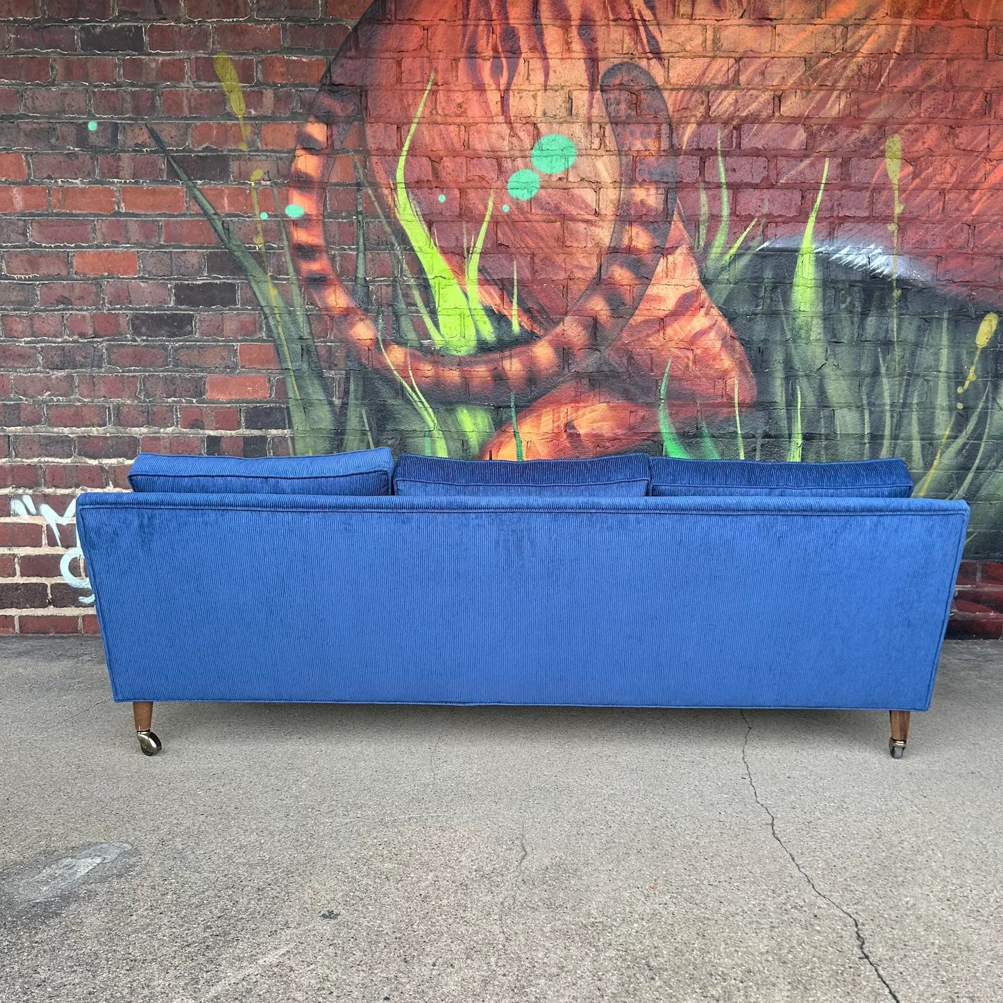 Mid Century Modern Sofa Reupholstered Blue Corduroy on Casters Possibly Selig