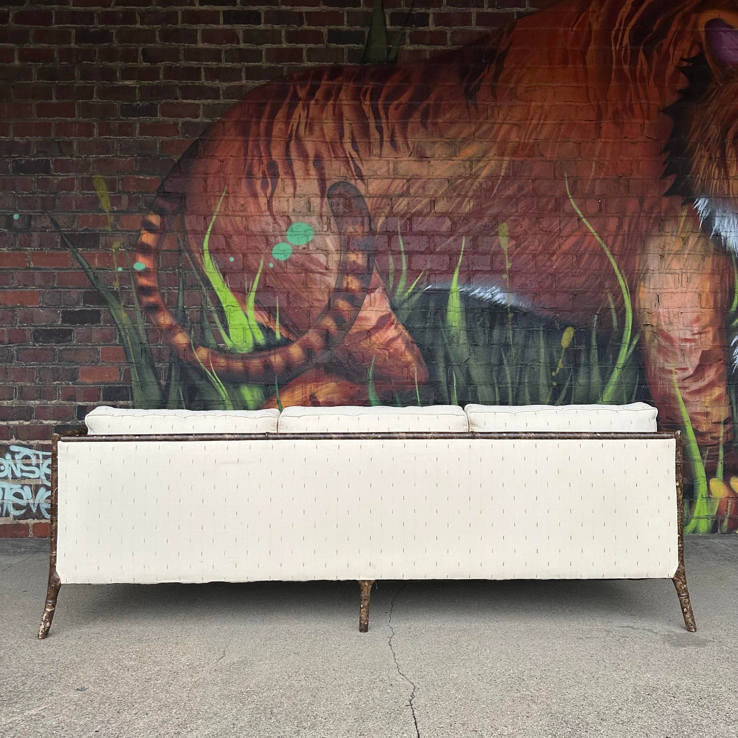 Vintage Faux Bamboo Sofa With Caned Arms in Style of Robsjohn Gibbings Mid-Century Modern