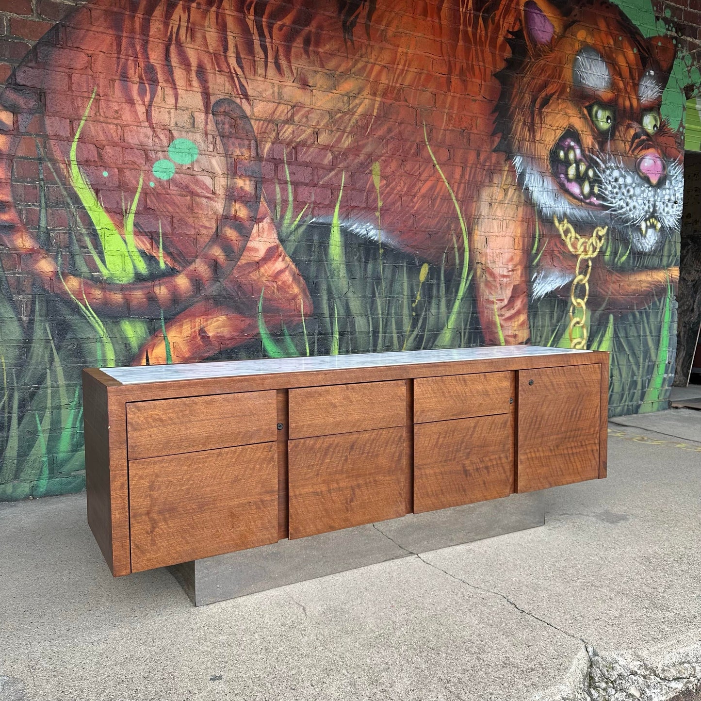 Mid Century Modern Helikon Walnut Chrome and Marble Credenza