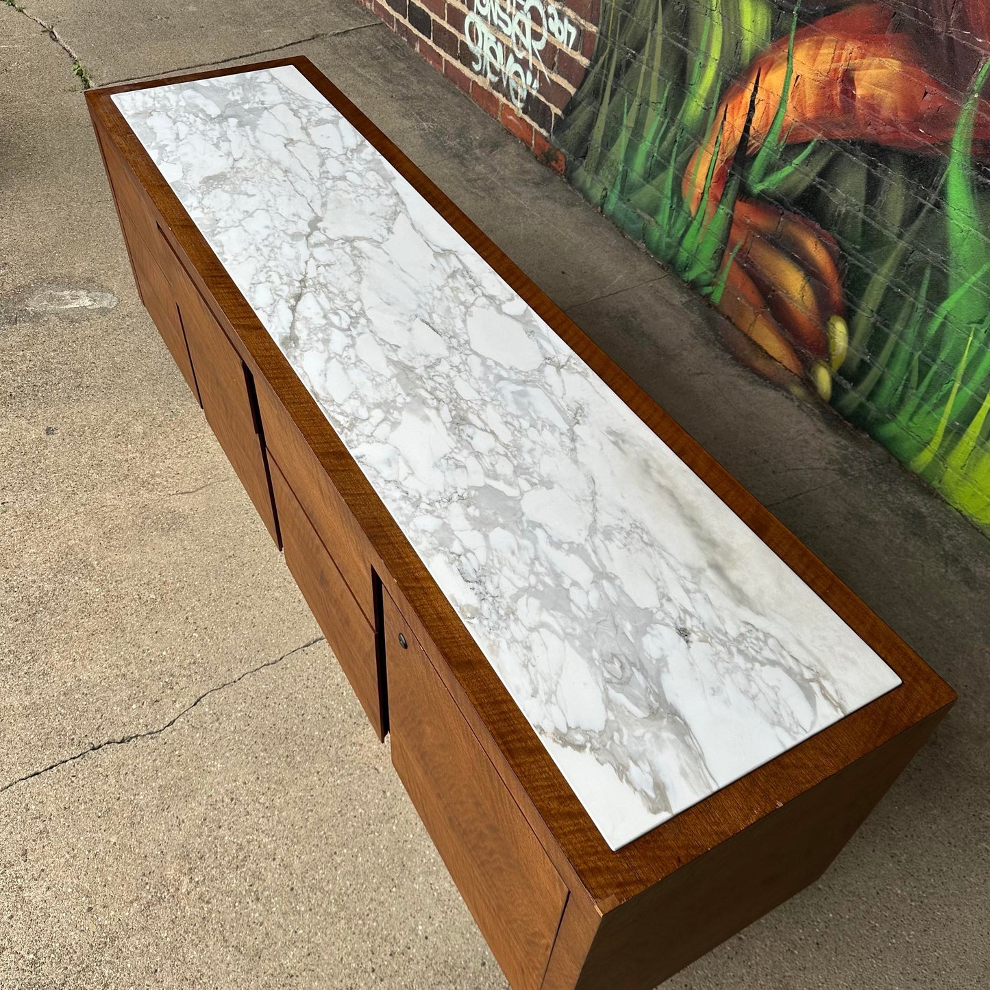 Mid Century Modern Helikon Walnut Chrome and Marble Credenza