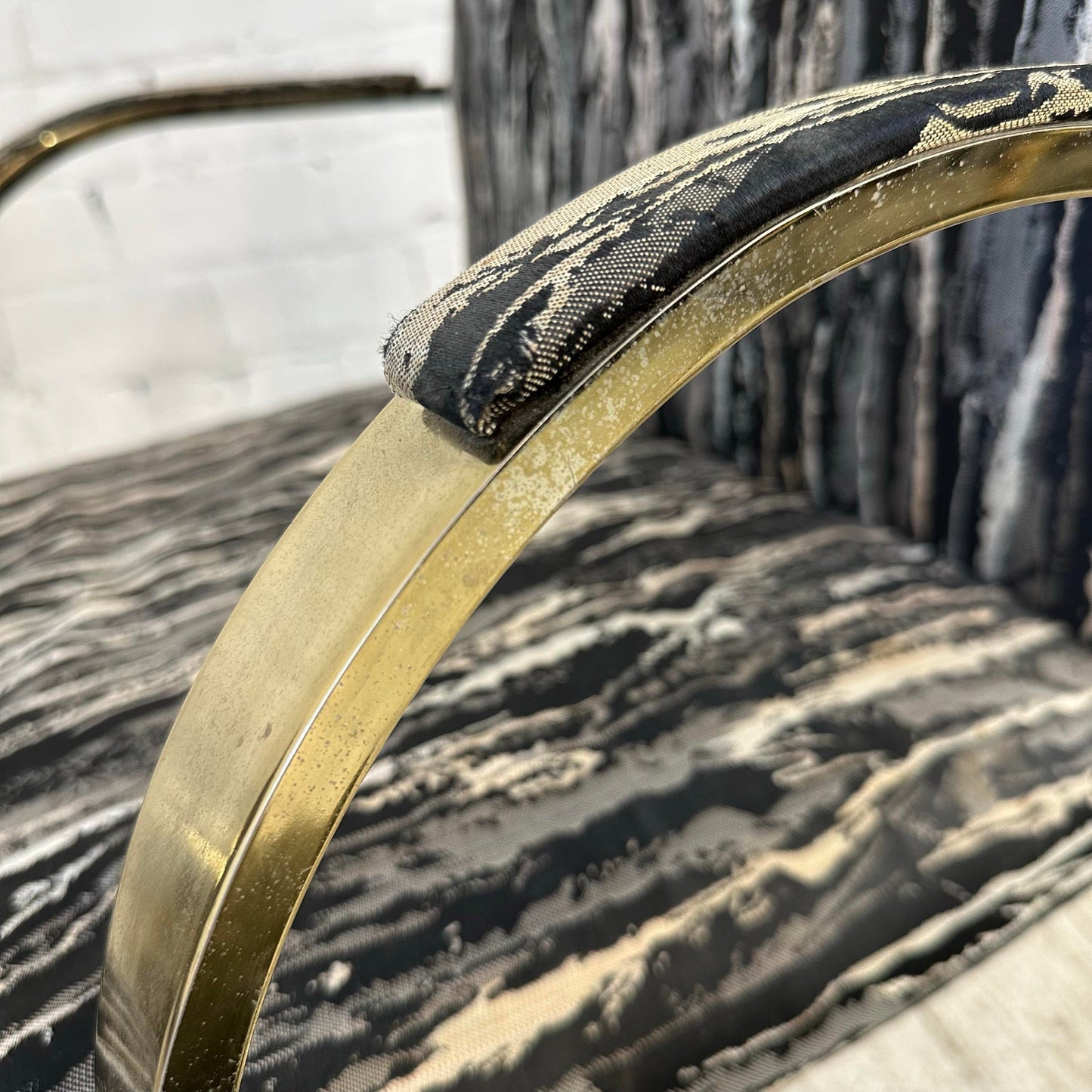 Glass and Brass Dining Set With Four Chairs Knoll Style Flat Bar Milo Baughman