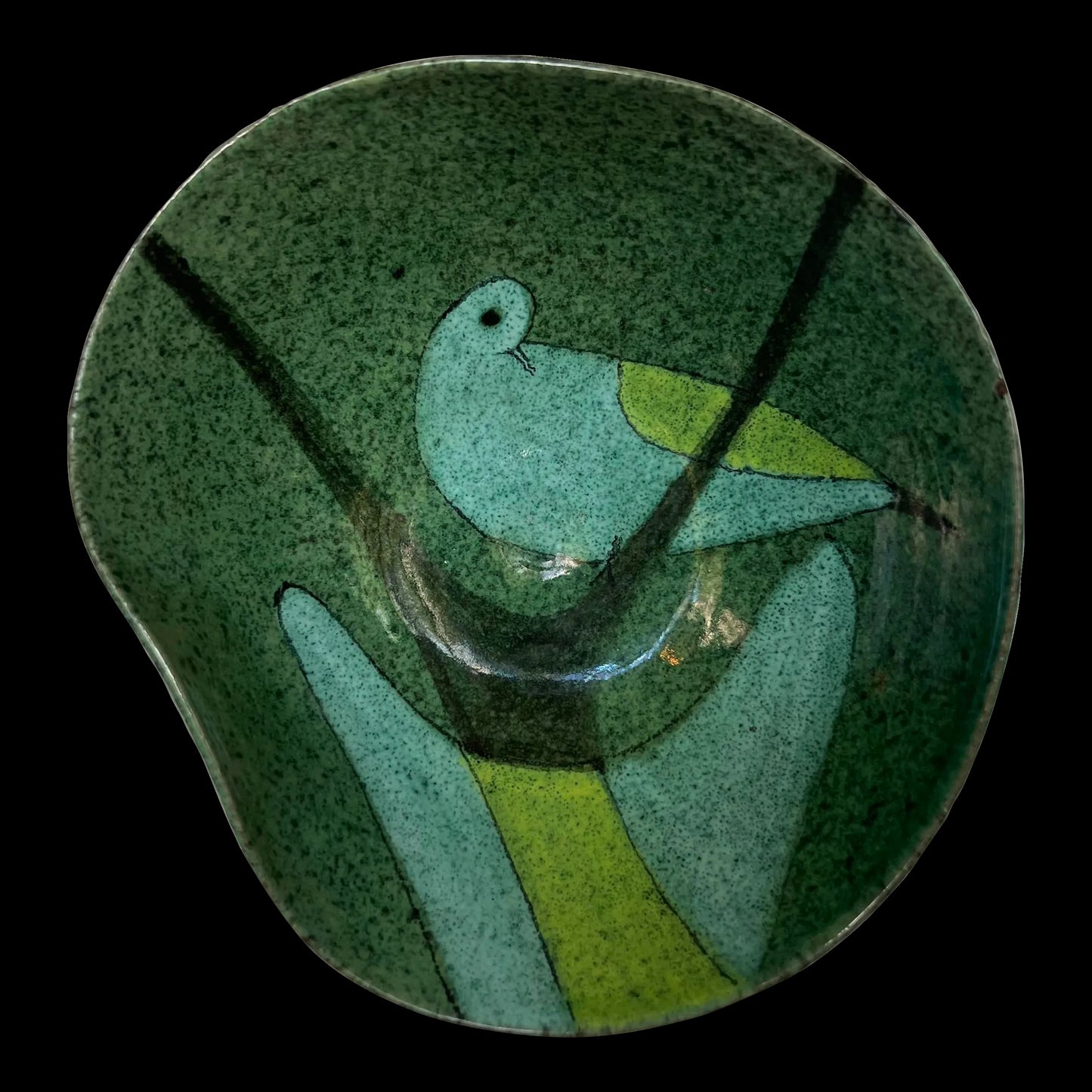 Beautifully Shaped Ceramic Dish With Bird Design Blue Green Teal Signed