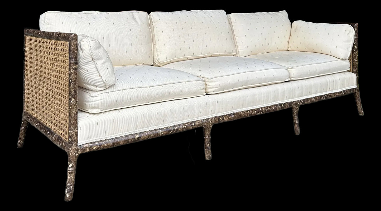 Vintage Faux Bamboo Sofa With Caned Arms in Style of Robsjohn Gibbings Mid-Century Modern