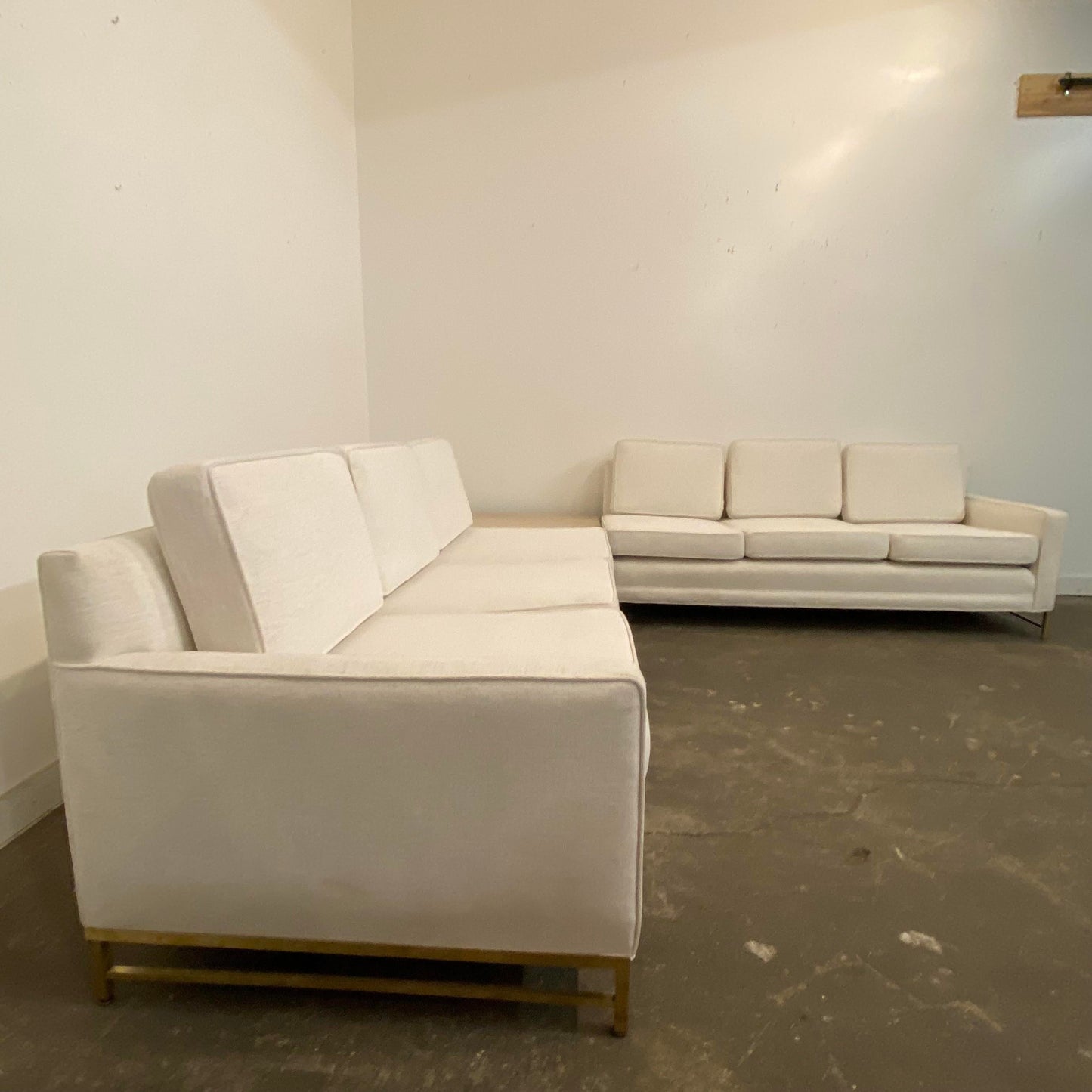 Reupholstered Mid Century Modern Paul McCobb Sectional Sofa with Travertine Top Side Table