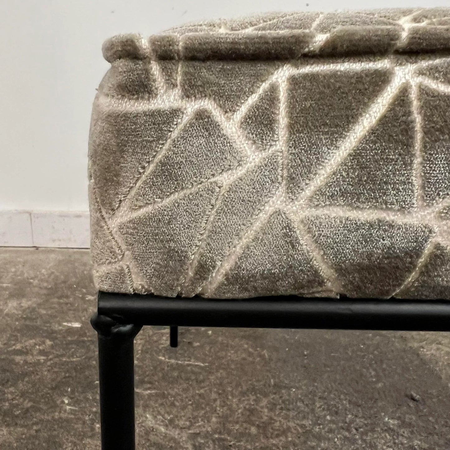 Paul McCobb Style Ottoman Stool Grey and White Cut Velvet