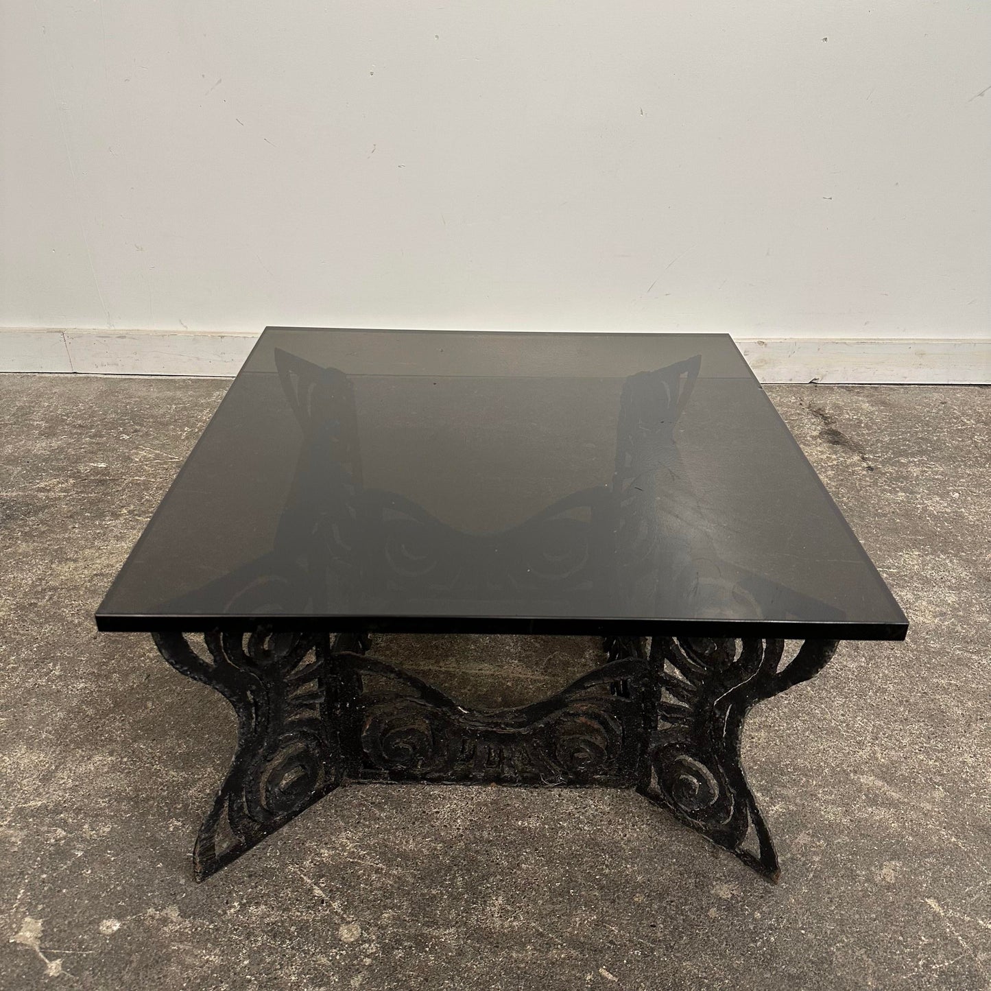 Brutalist Whimsical Torch Cut Side Table Smoked Glass Sculpted Metal