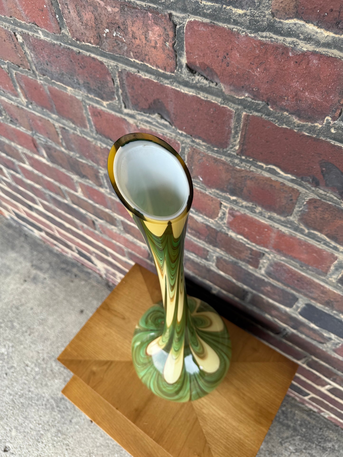 Vintage Tall Green Cream and Brown Swirled Art Glass Floor Vase 29”
