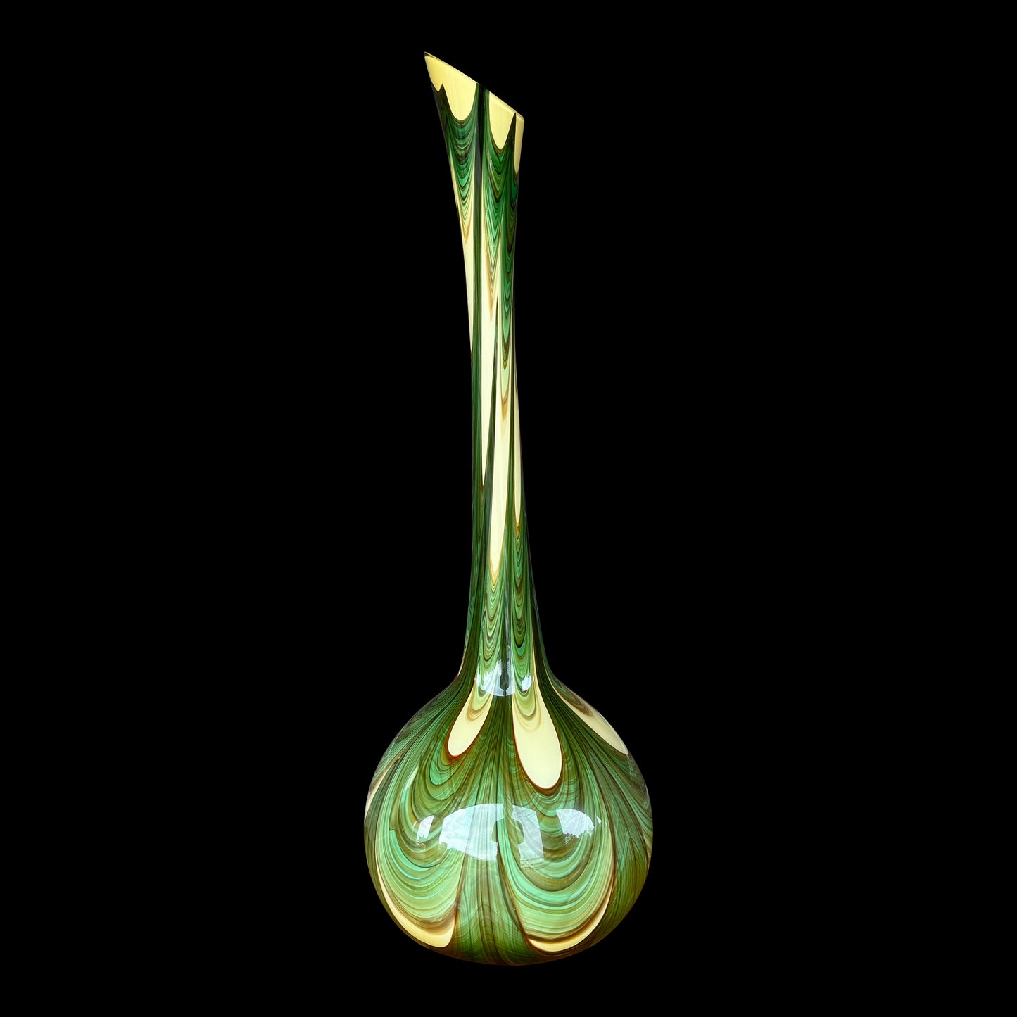 Vintage Tall Green Cream and Brown Swirled Art Glass Floor Vase 29”