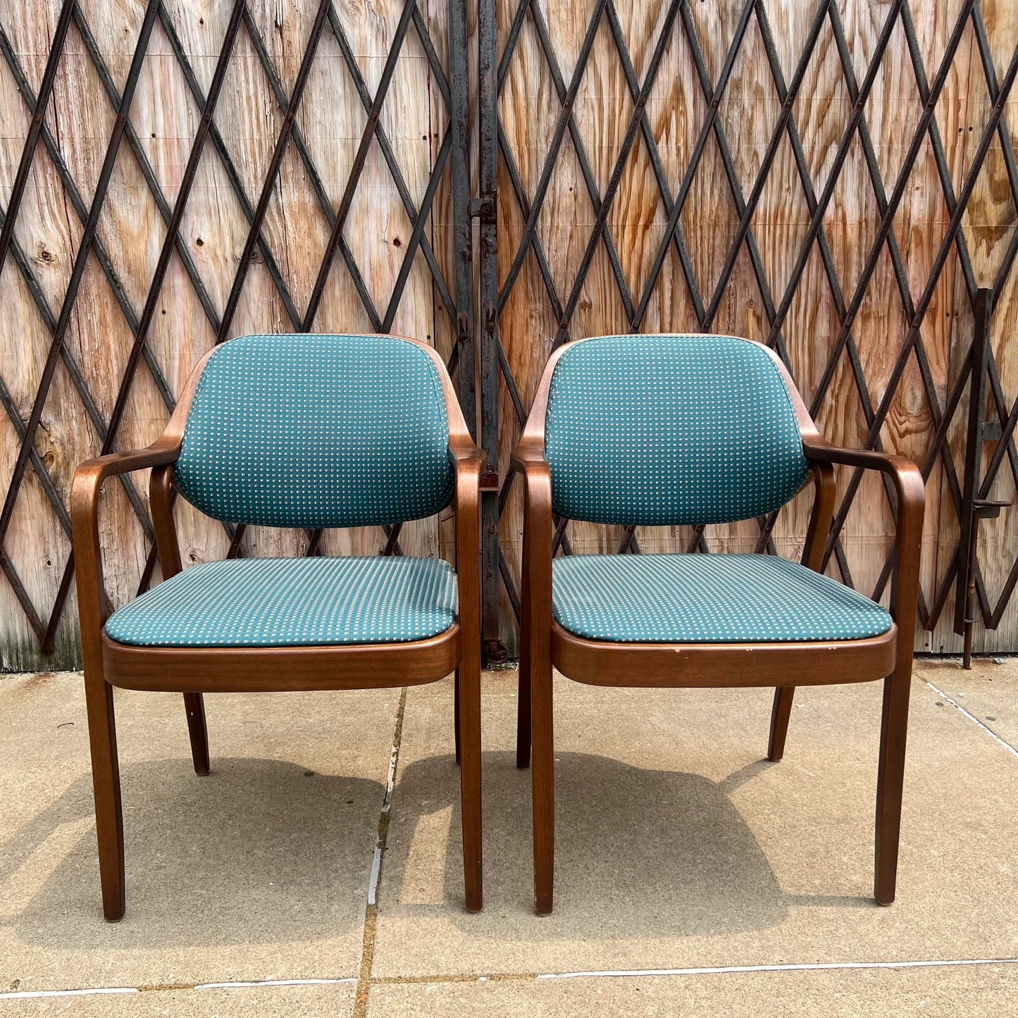 Pair of Bentwood Office Chairs by Don Pettit for Knoll Blue and White Fabric