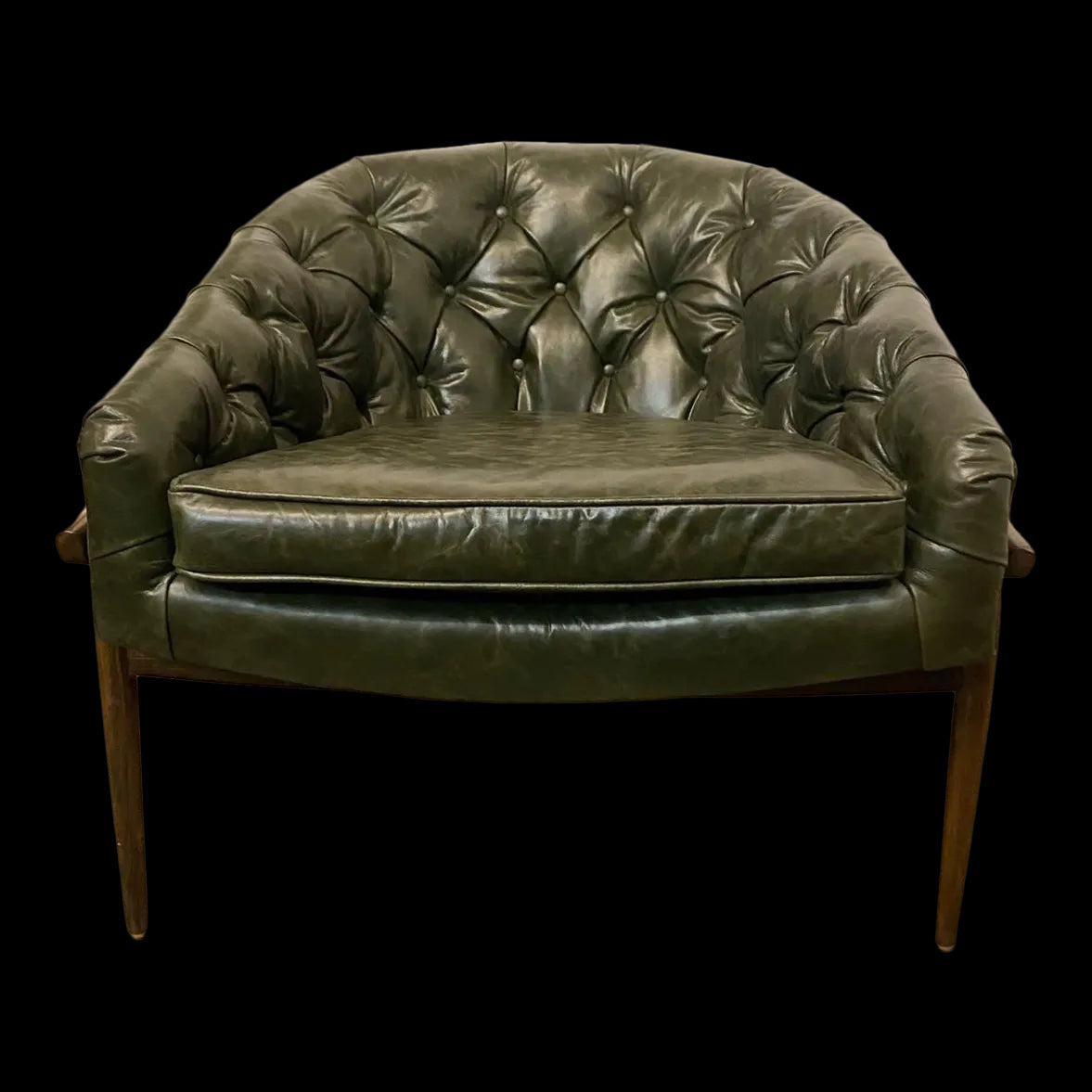 Mid Century Modern Milo Baughman Style Reupholstered Leather Barrel Back Chair. Green