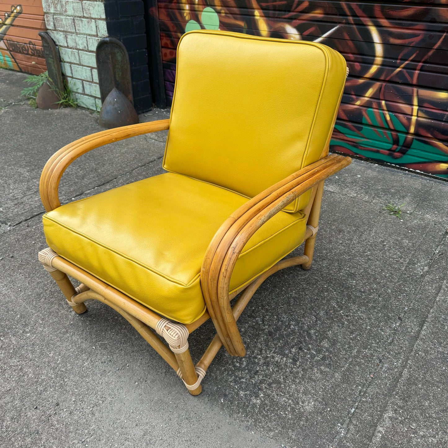Mid Century Modern Bamboo Arm Lounge Chair Yellow