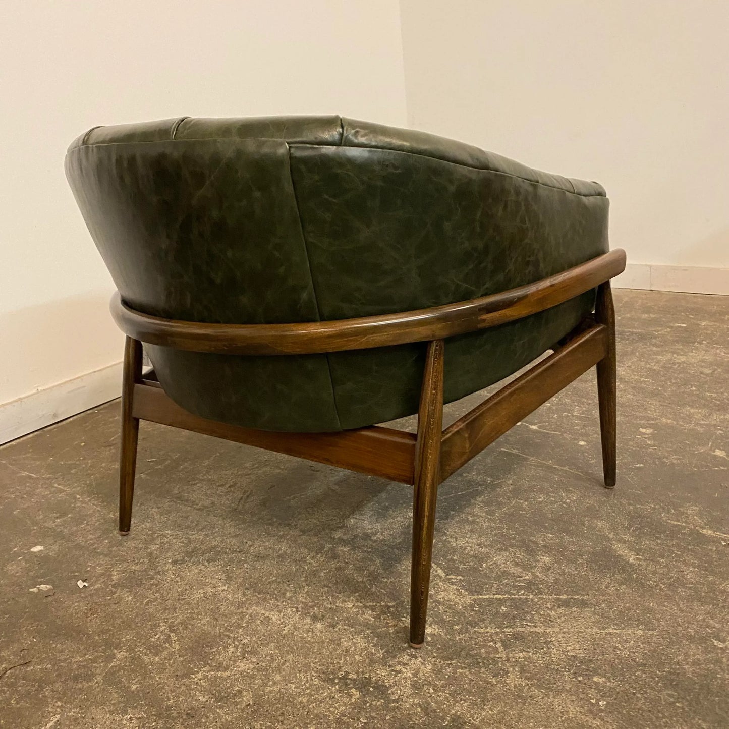 Mid Century Modern Milo Baughman Style Reupholstered Leather Barrel Back Chair. Green