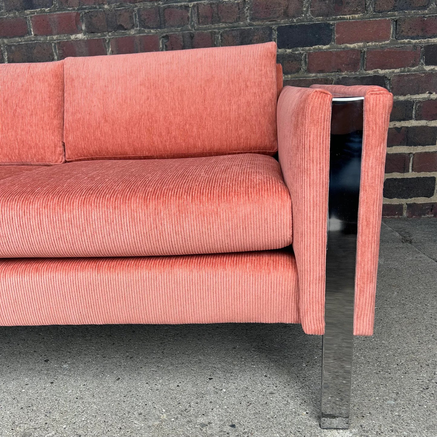 Reupholstered Milo Baughman Style Chrome Sofa in Crypton Salmon Corduroy