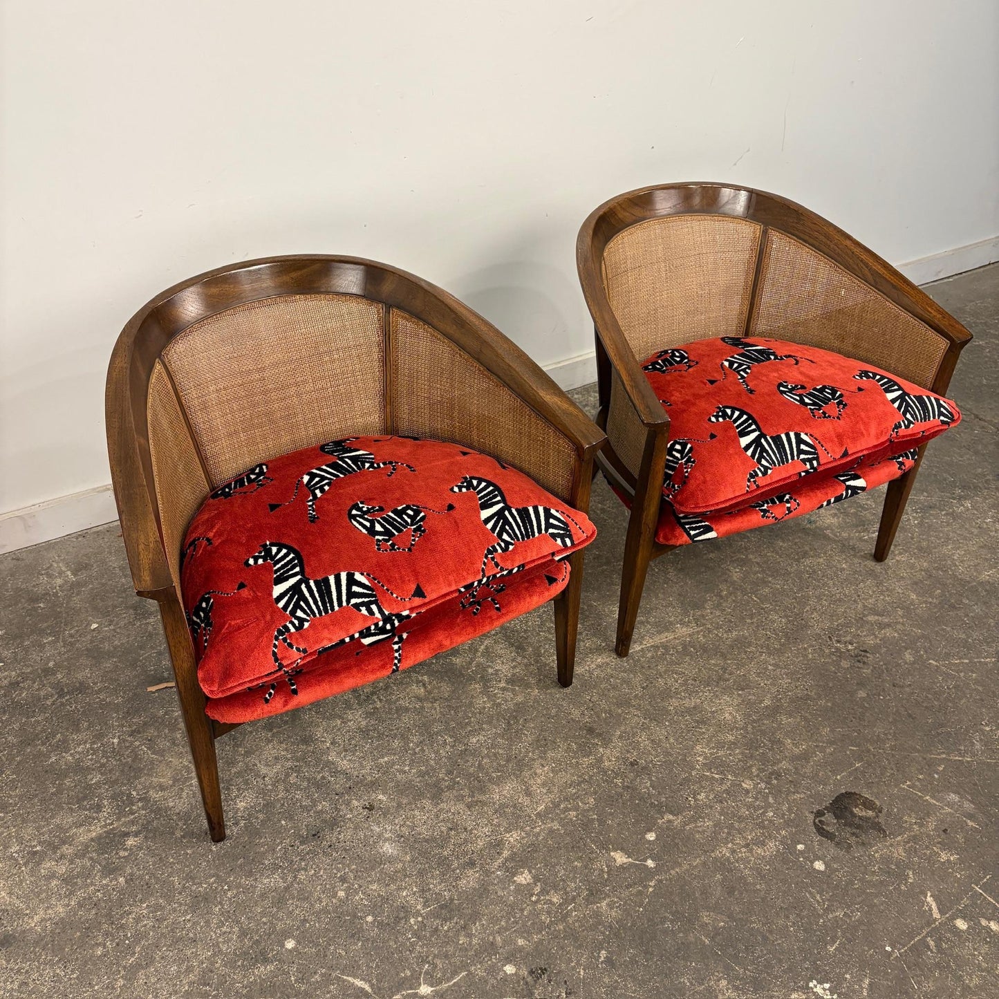 Pair of Mid-Century Caned Back Barrel Club Chairs Attributed to Directional Zebra