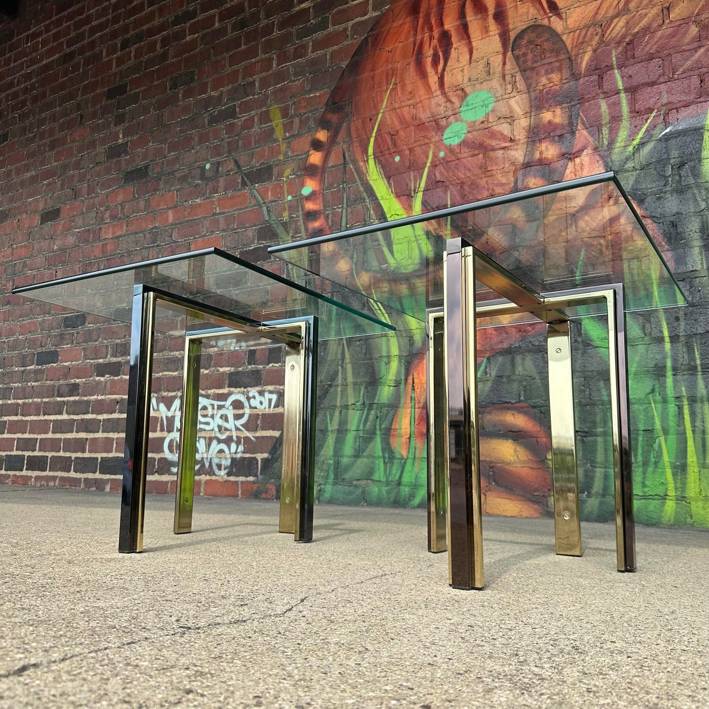 Pair of Glass and Brass and Smoked Chrome Solid Steel Side Tables