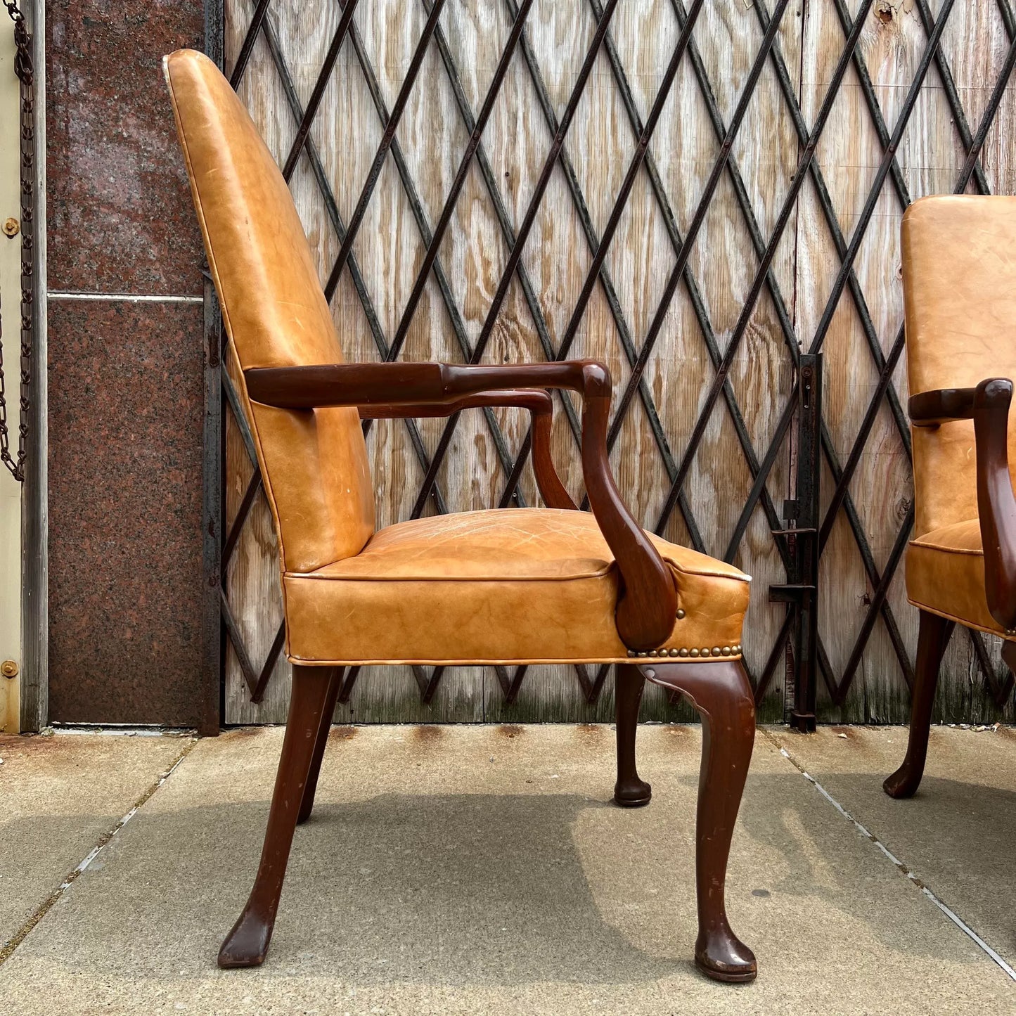 10 Antique Leather and Wood Arm Chairs Dining Conference Desk