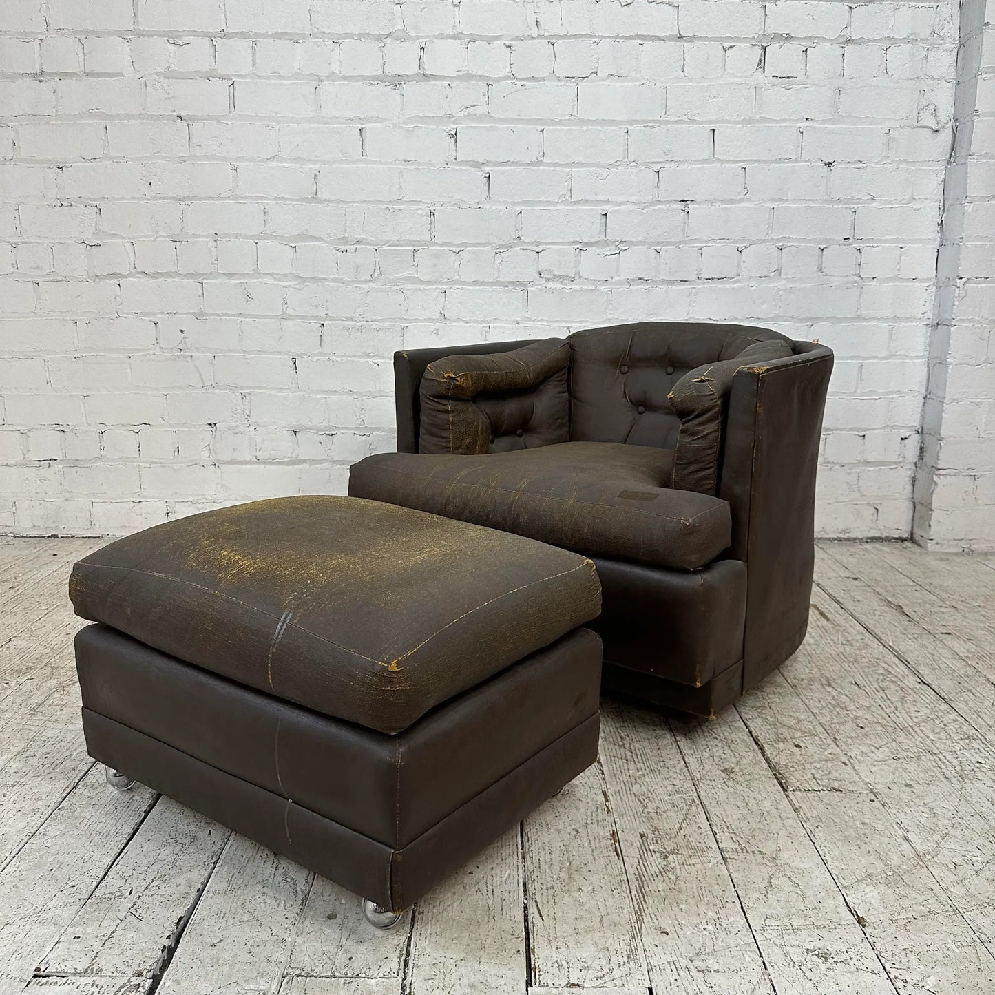 Brown Vinyl Lounge Chair With Ottoman Milo Baughman Style