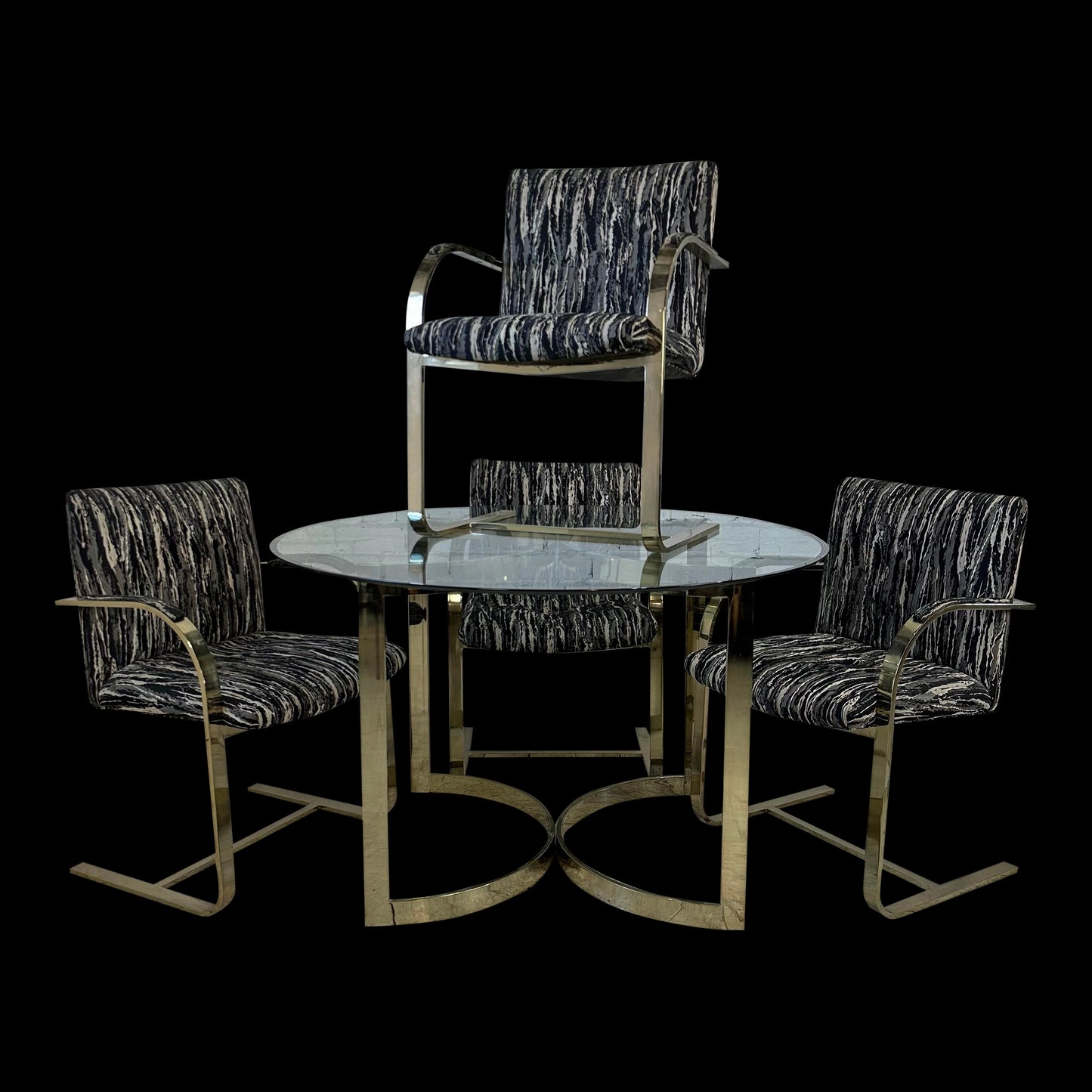 Glass and Brass Dining Set With Four Chairs Knoll Style Flat Bar Milo Baughman