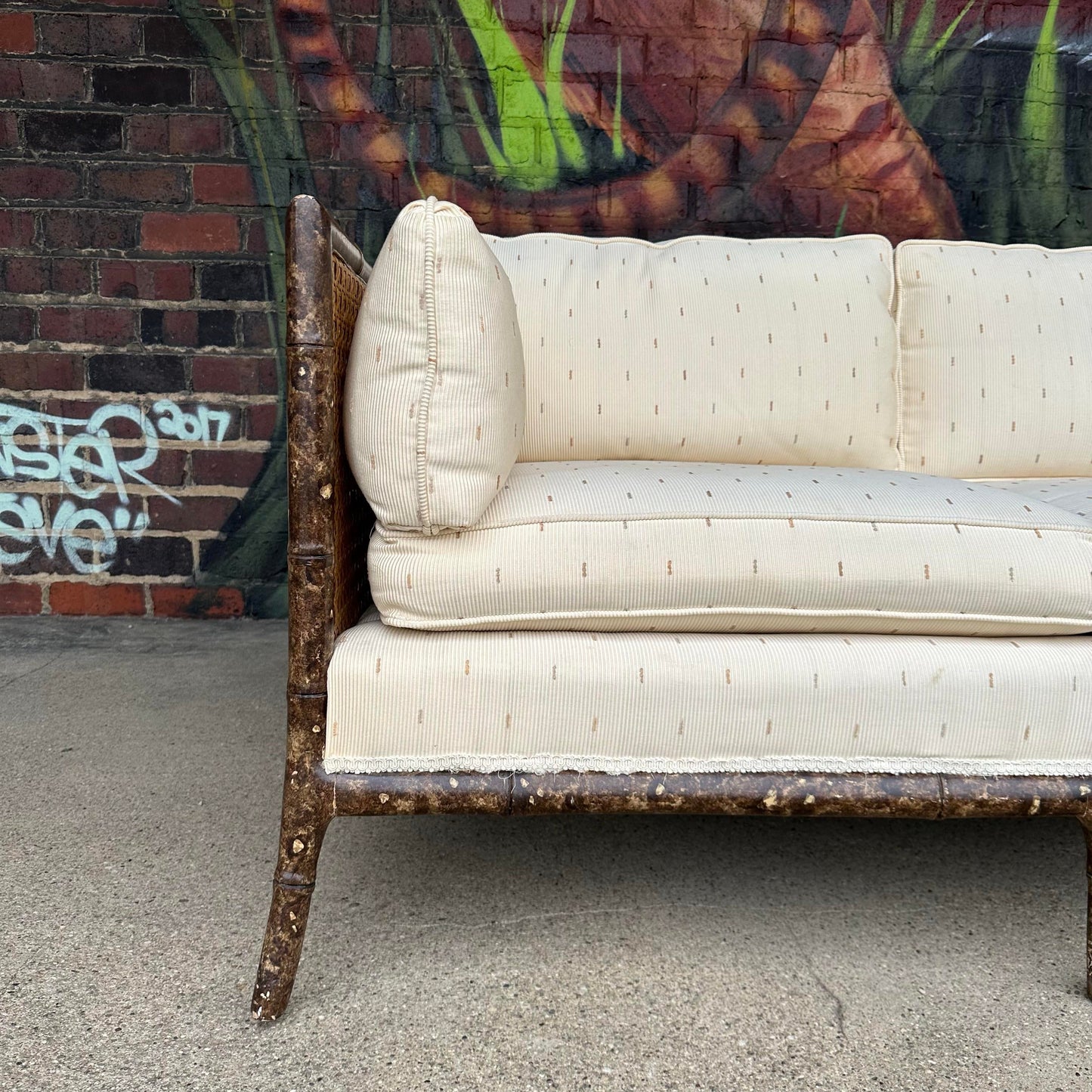 Vintage Faux Bamboo Sofa With Caned Arms in Style of Robsjohn Gibbings Mid-Century Modern