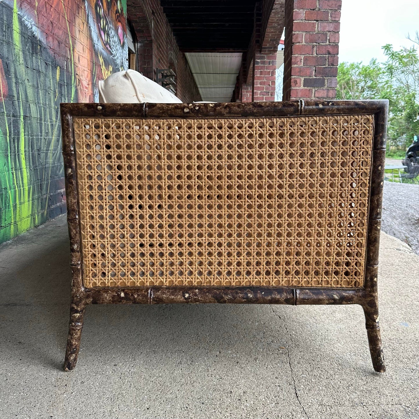 Vintage Faux Bamboo Sofa With Caned Arms in Style of Robsjohn Gibbings Mid-Century Modern