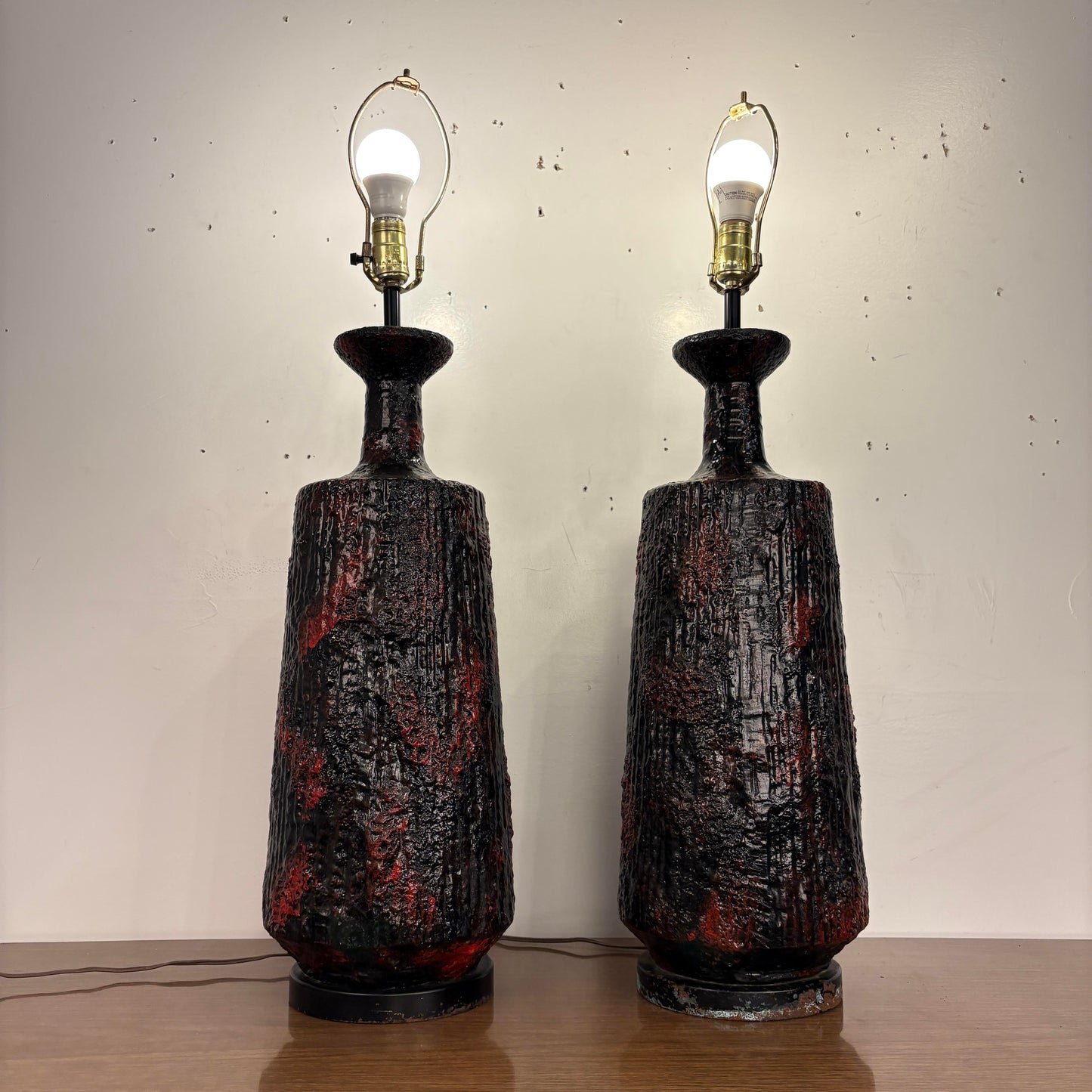 Pair Century Modern Pair of Lamps With Heavy Lava Glaze Textured