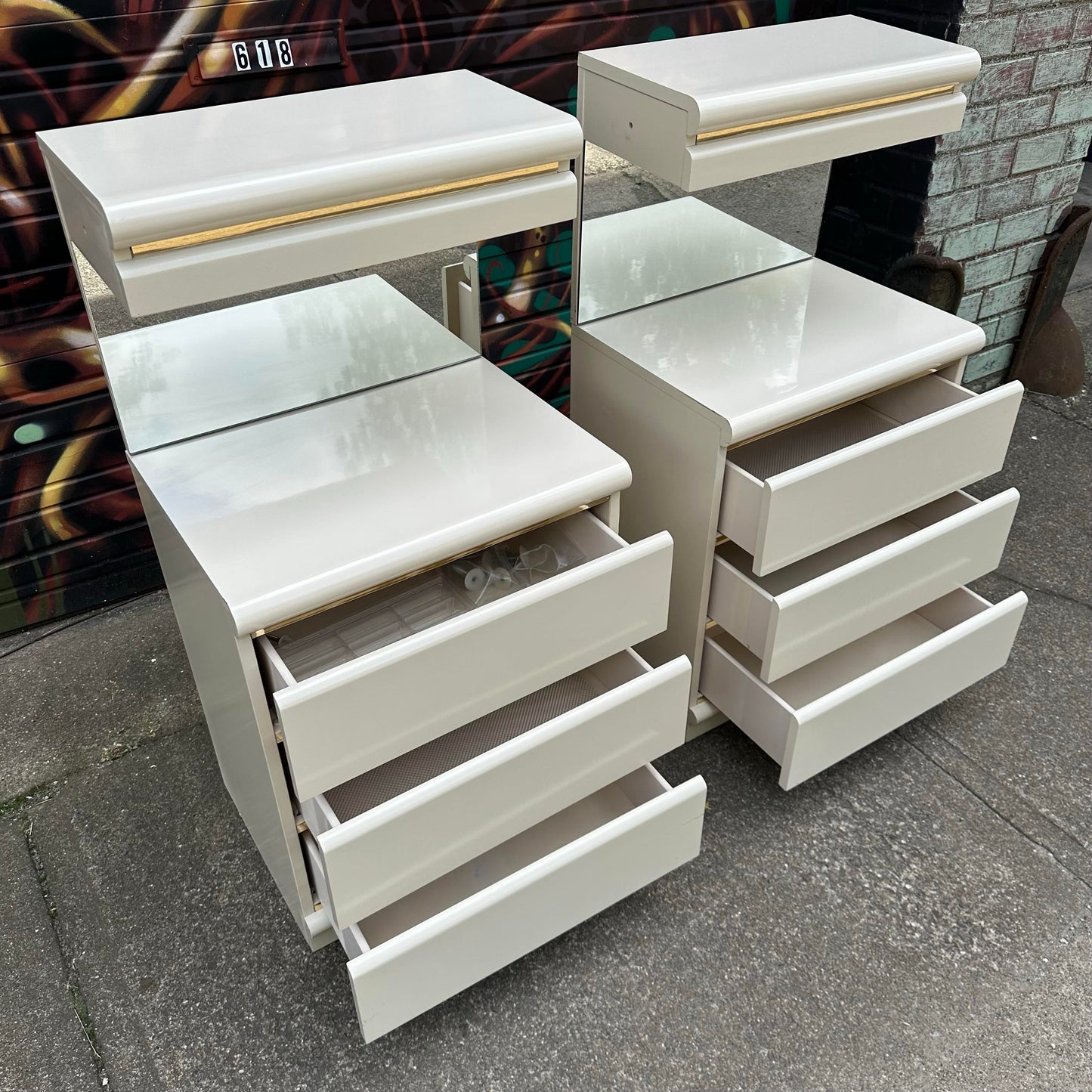 Pair of Broyhill Postmodern Lacquer Cream & Gold Nightstands