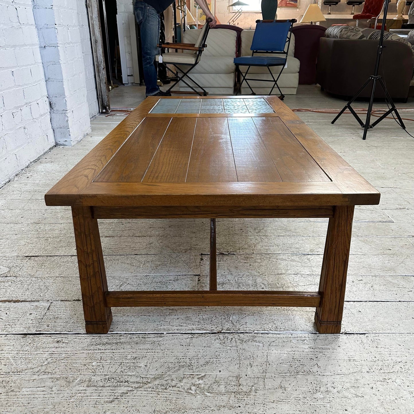 Ranch Oak Coffee Table Rectangle With Blue Tile Top