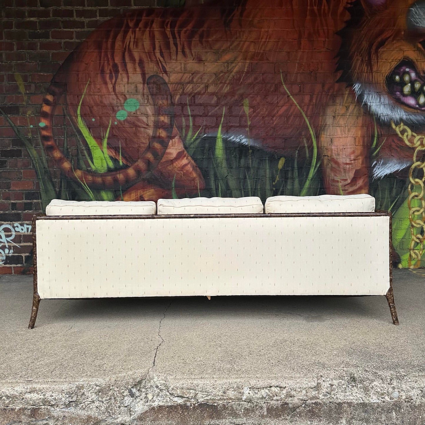 Vintage Faux Bamboo Sofa With Caned Arms in Style of Robsjohn Gibbings Mid-Century Modern