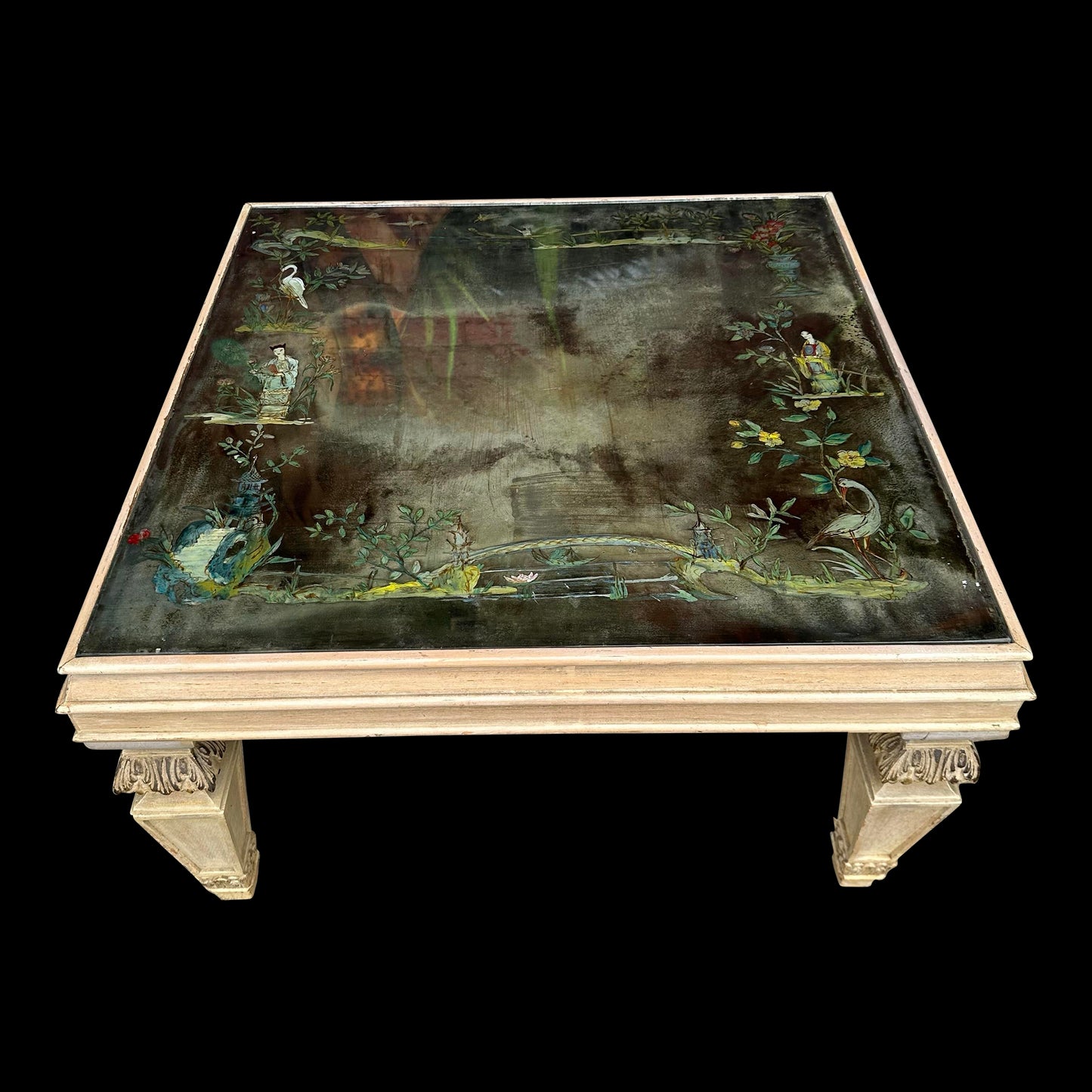 Square Asian Style Hand-Painted Mirrored Coffee Table