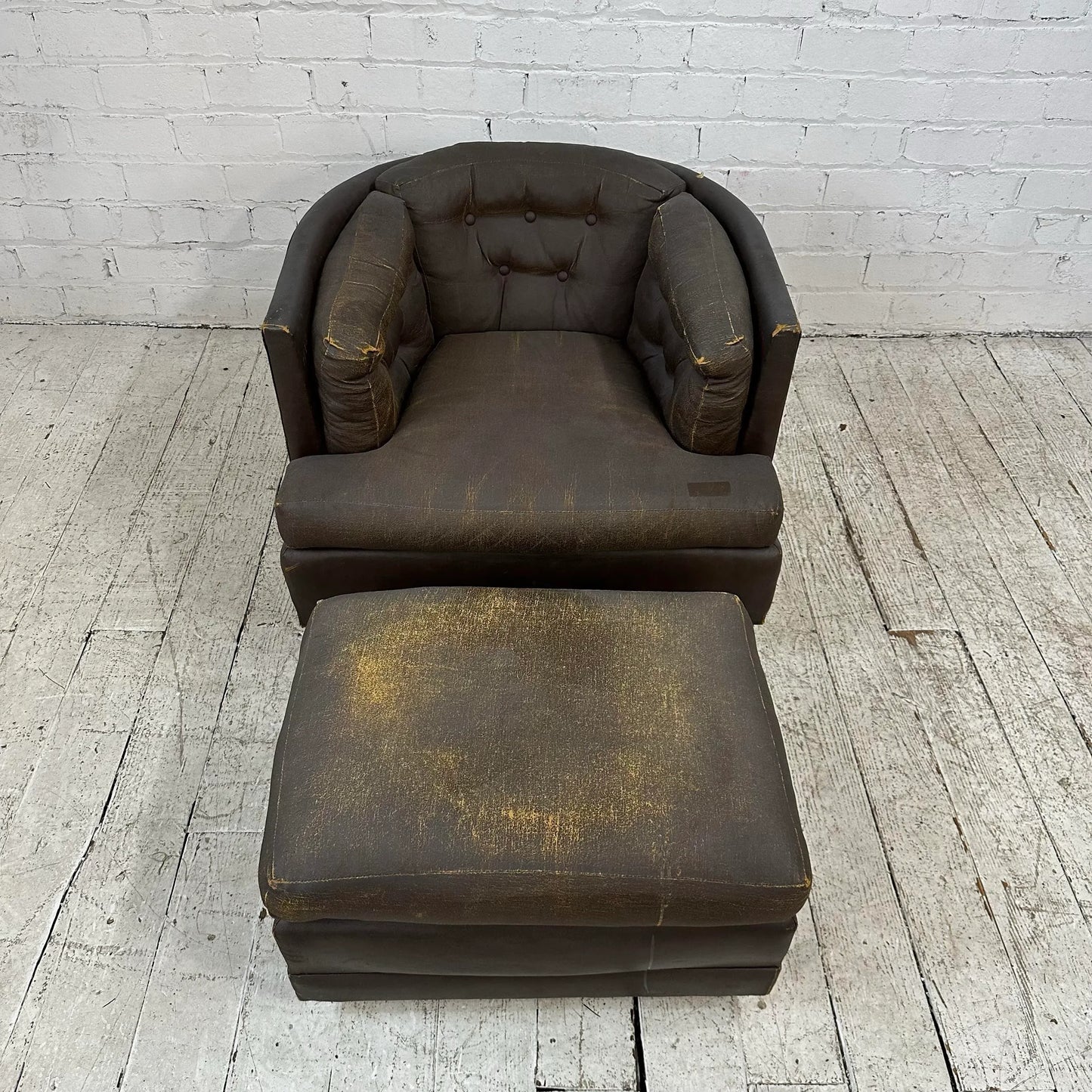 Brown Vinyl Lounge Chair With Ottoman Milo Baughman Style