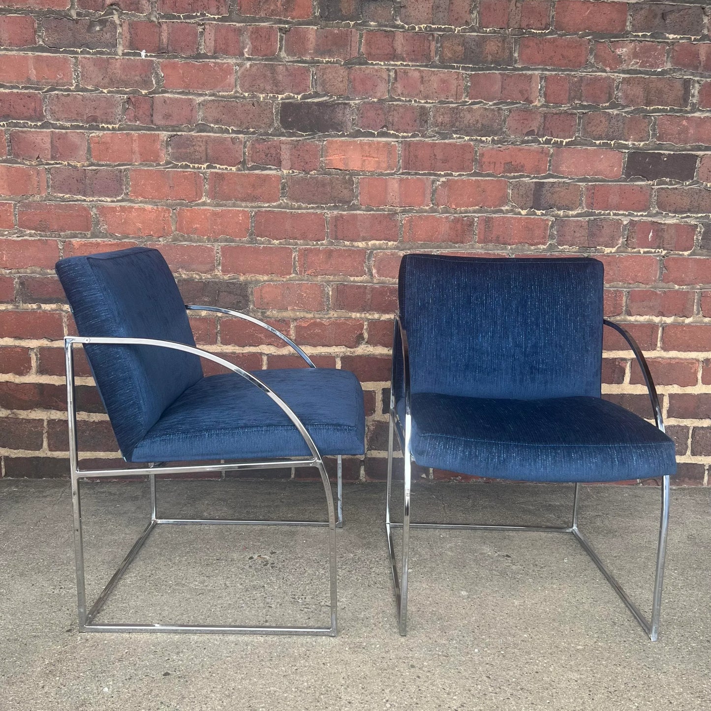 Milo Baughman Thayer Coggin Chrome Dining Chairs Recovered in a Blue Sparkly Fabric.