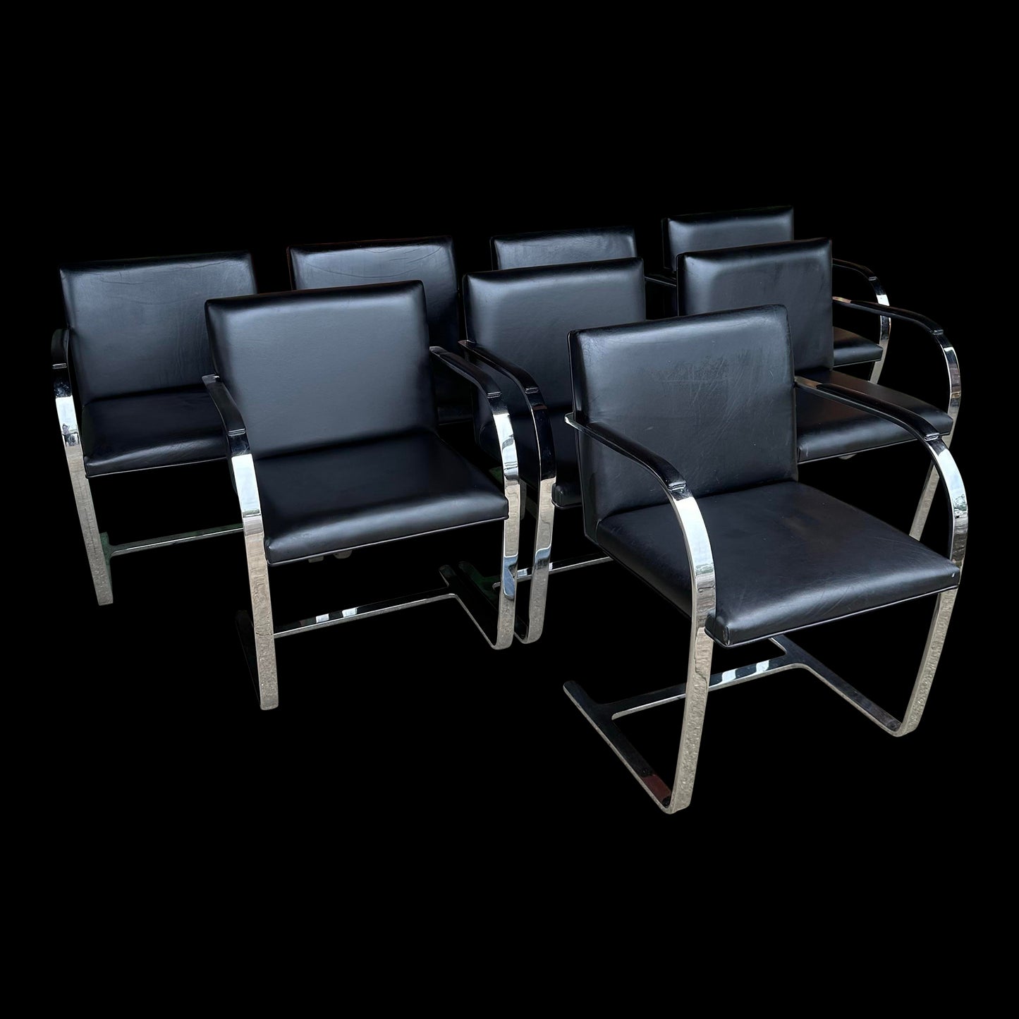 Set of 8 Gordon International Ludwig Mies Van Der Rohe Style Armchairs Black Leather
