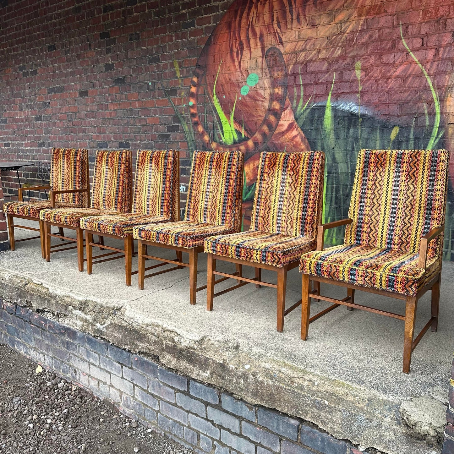 Set of 6 Walnut Founders Dining Chairs in Possible Jack Lenor Larsen Fabric