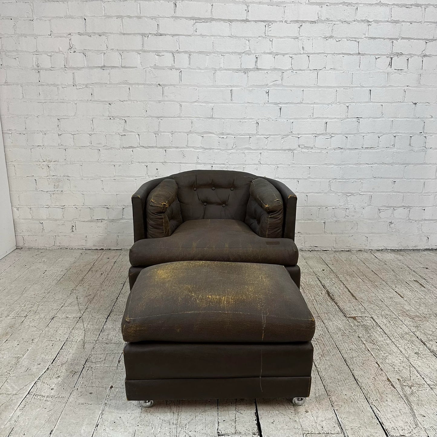 Brown Vinyl Lounge Chair With Ottoman Milo Baughman Style