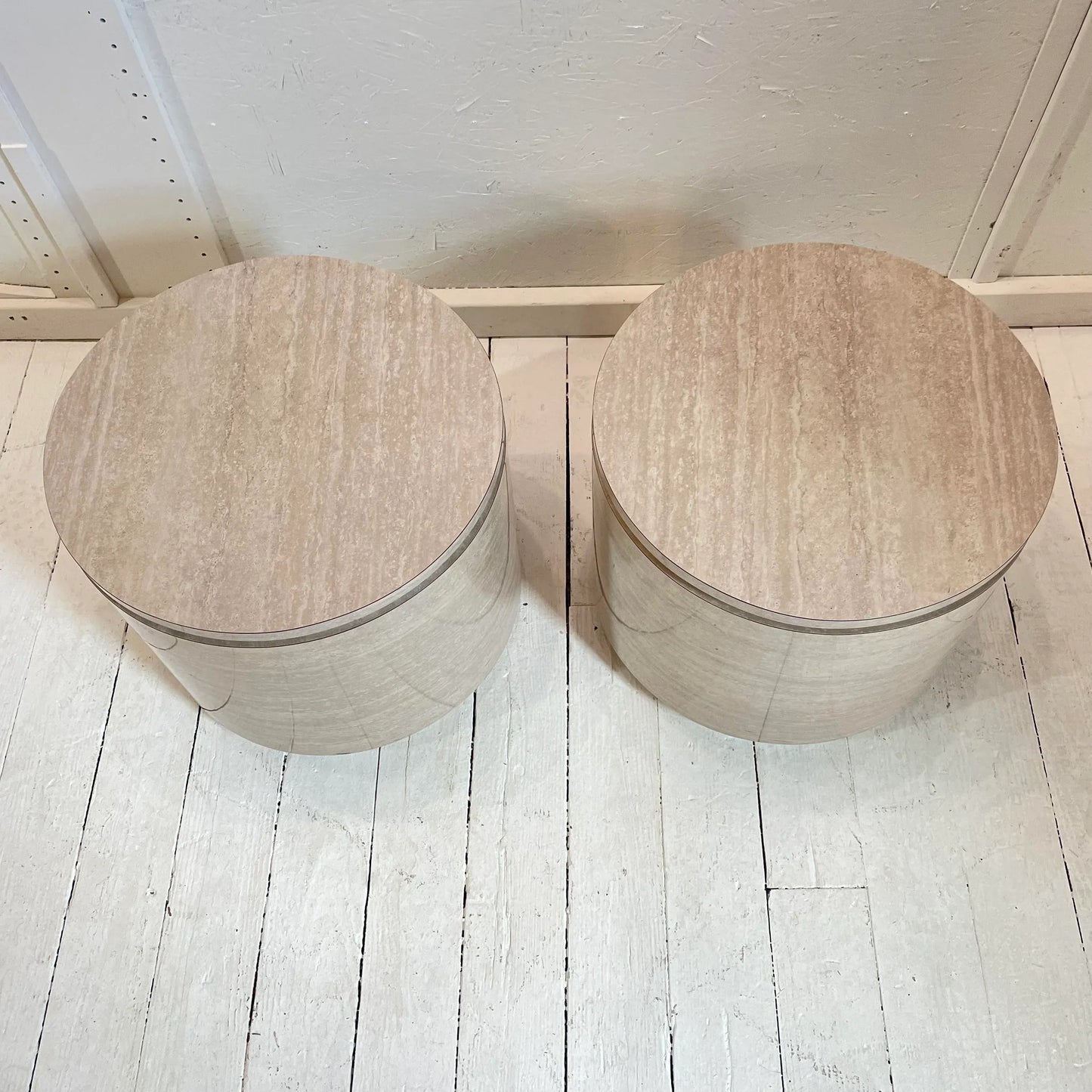 1980s Travertine Laminate Drum Side Tables With Chrome Trim - a Pair