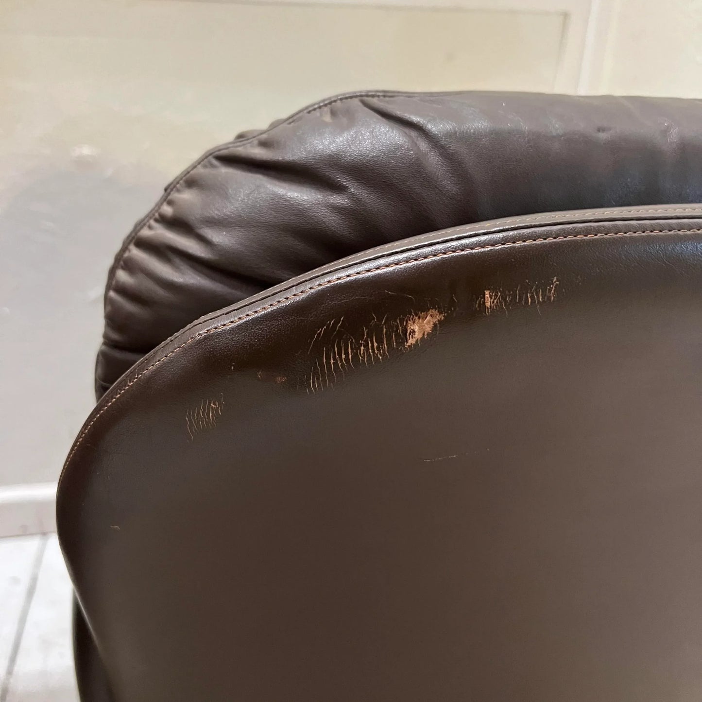 Brown Leather and Brass Propeller Base Arm Chairs by Mueller Furniture