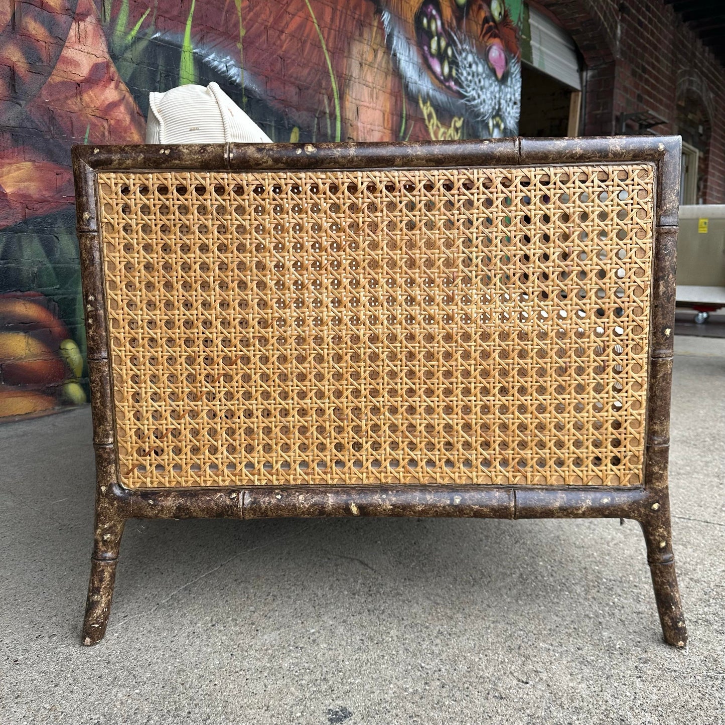 Vintage Faux Bamboo Sofa With Caned Arms in Style of Robsjohn Gibbings Mid-Century Modern
