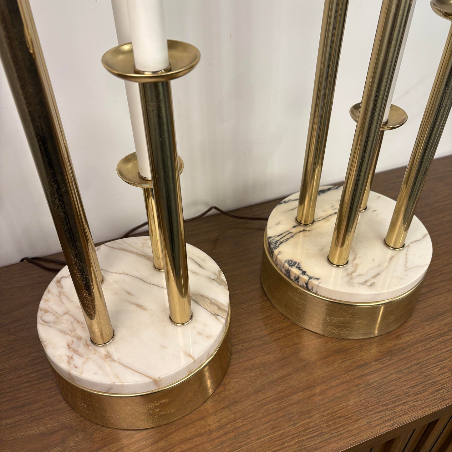 Pair of Colonial Premier Tall Brass and Marble Candelabra Style Table Lamps in the Style Tommi Parzinger