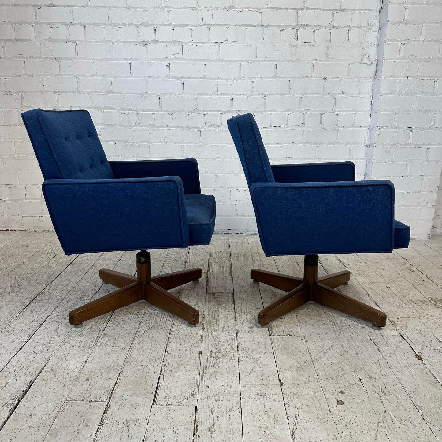 Pair of Blue Swivel Office Arm Chairs by Hibert Risom Knoll Style