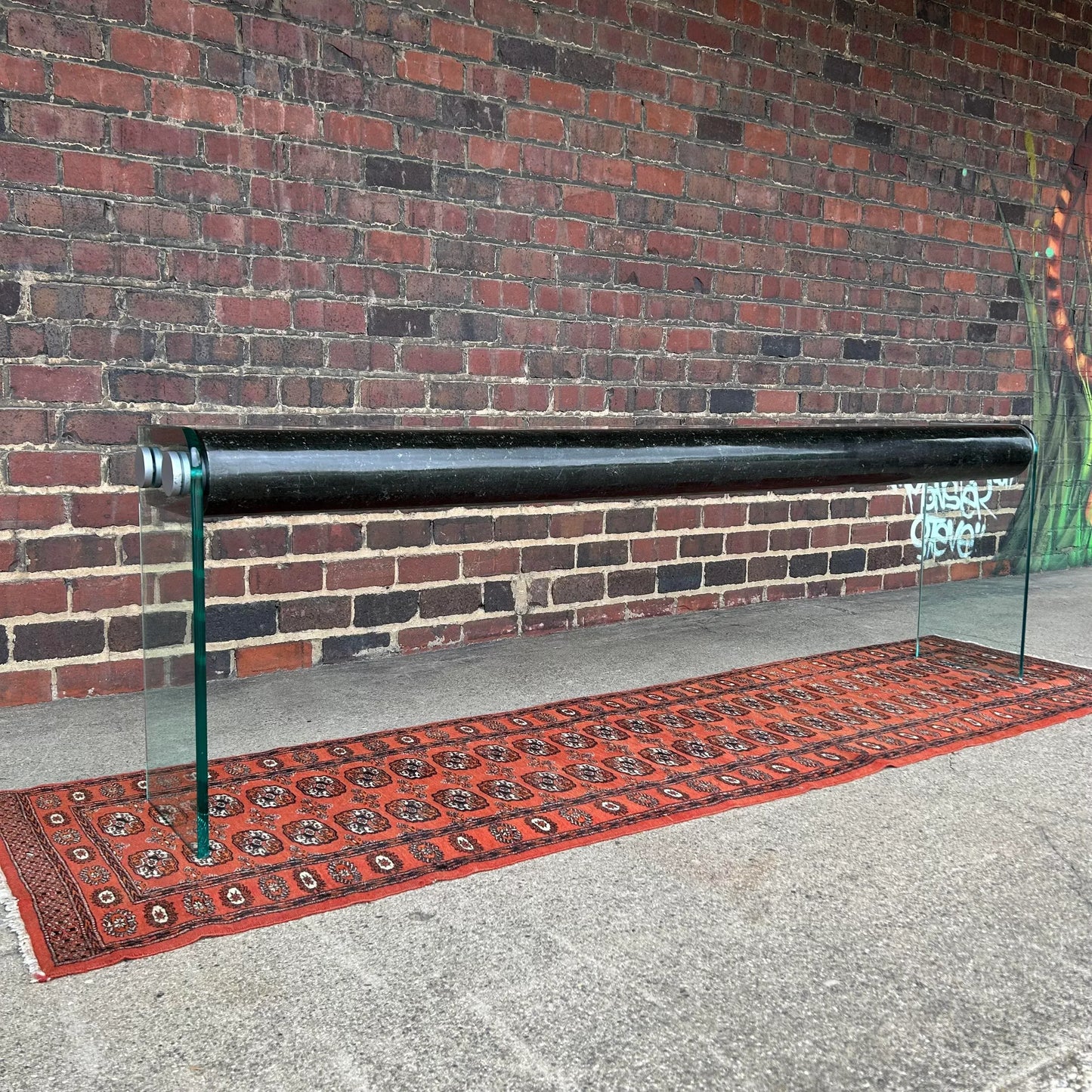 Post Modern Tessellated Marble Console Table With Glass Legs